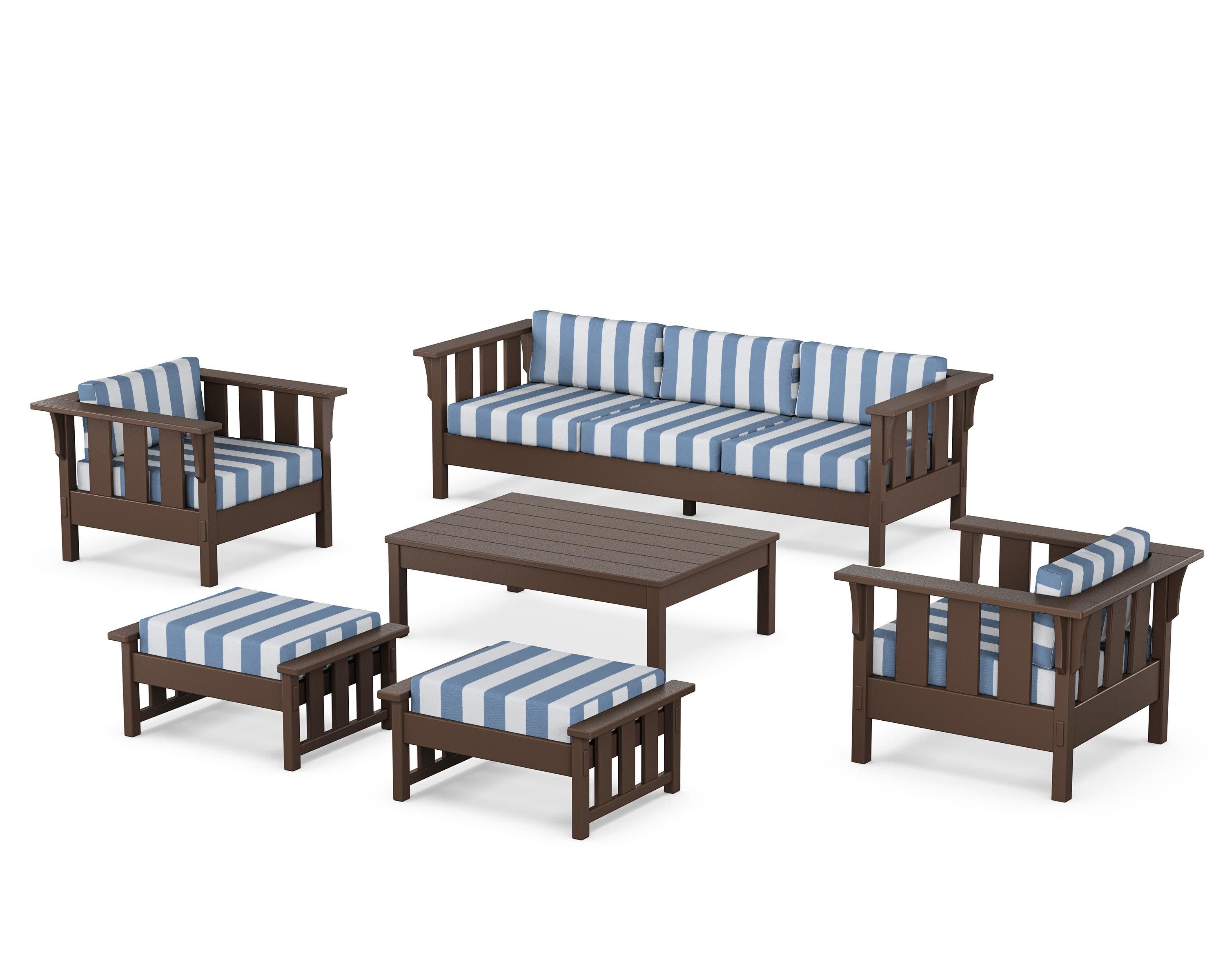Acadia 6-Piece Lounge Sofa Set in Mahogany / Cabana Stripe Sky Blue
