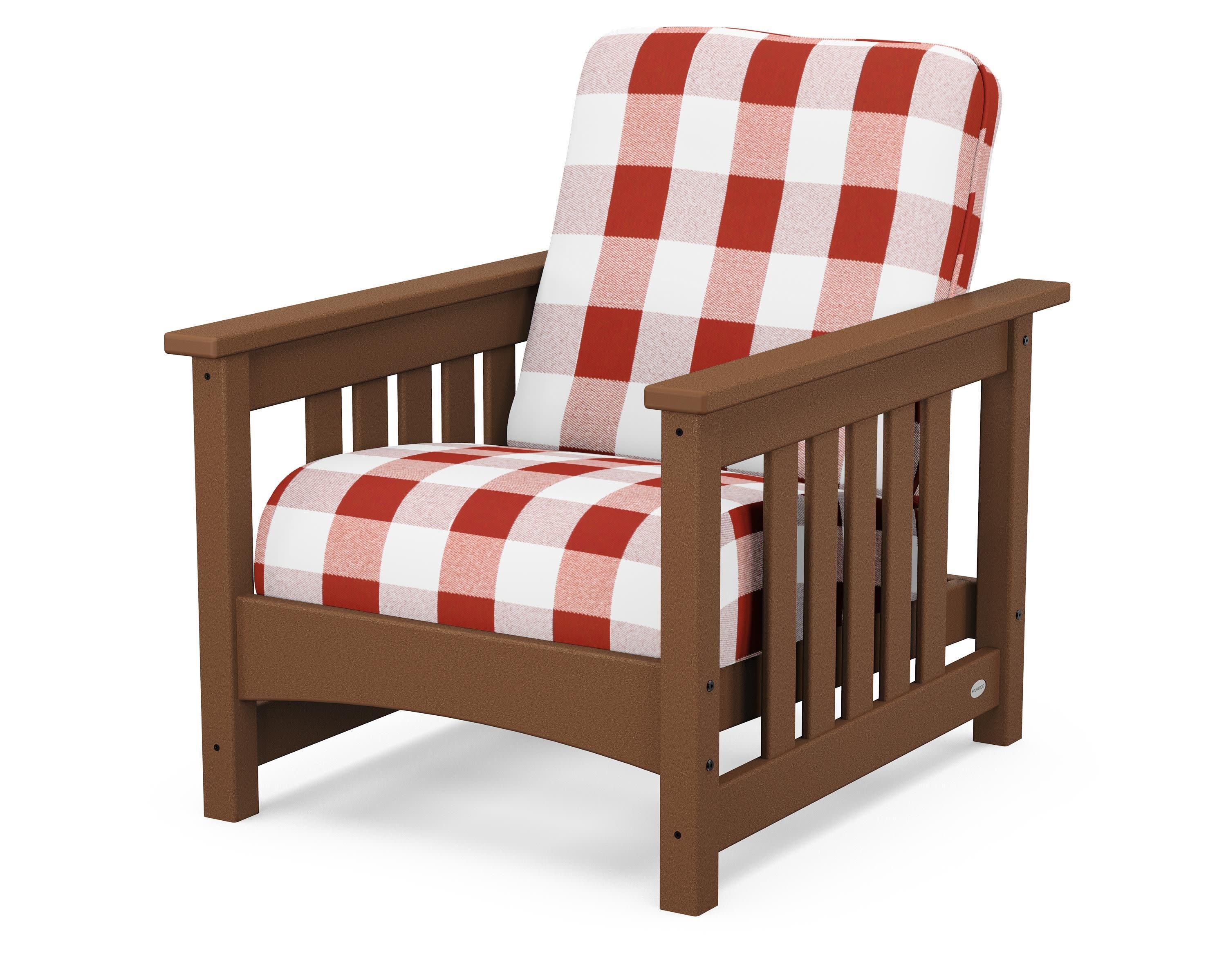Club Mission Chair in Teak / Buffalo Plaid Crimson