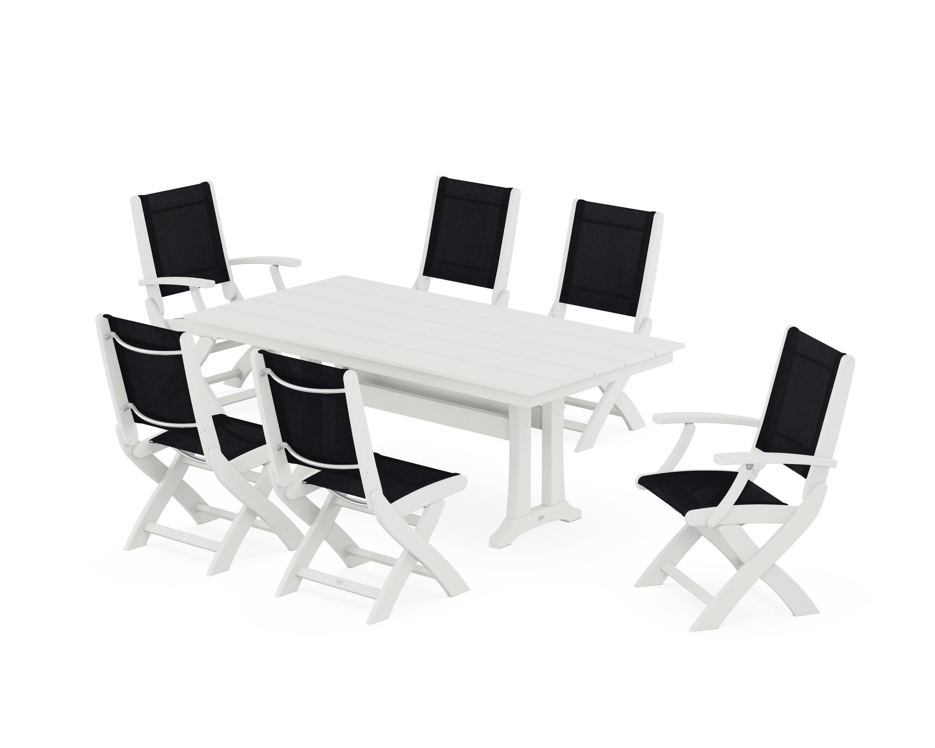 Coastal Folding Chair 7-Piece Farmhouse Dining Set with Trestle Legs in Vintage White / Black Sling