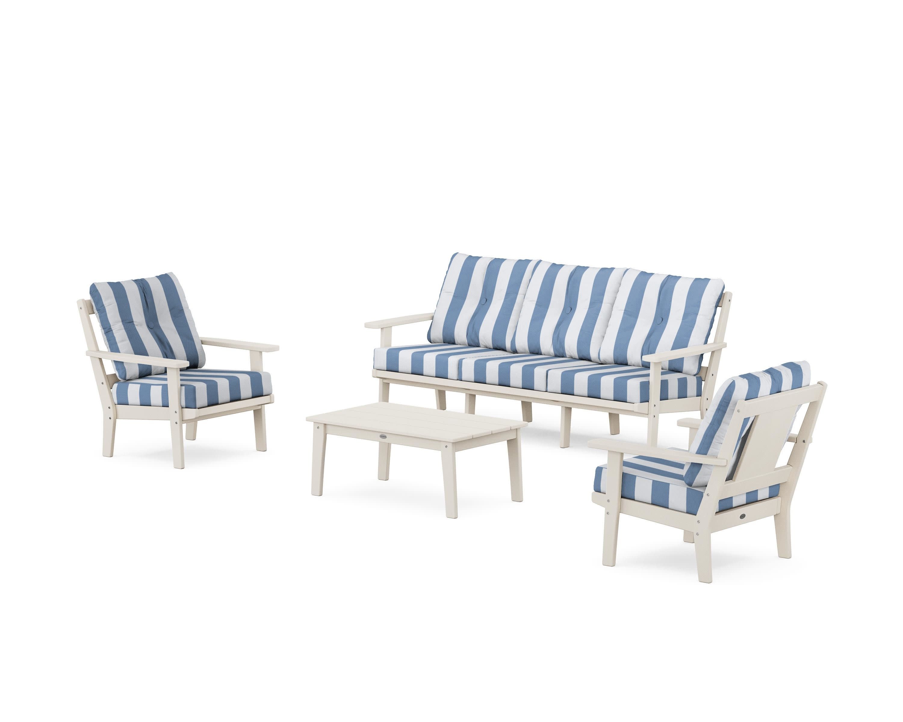 Prairie 4-Piece Deep Seating Set with Sofa in Sand / Cabana Stripe Sky Blue