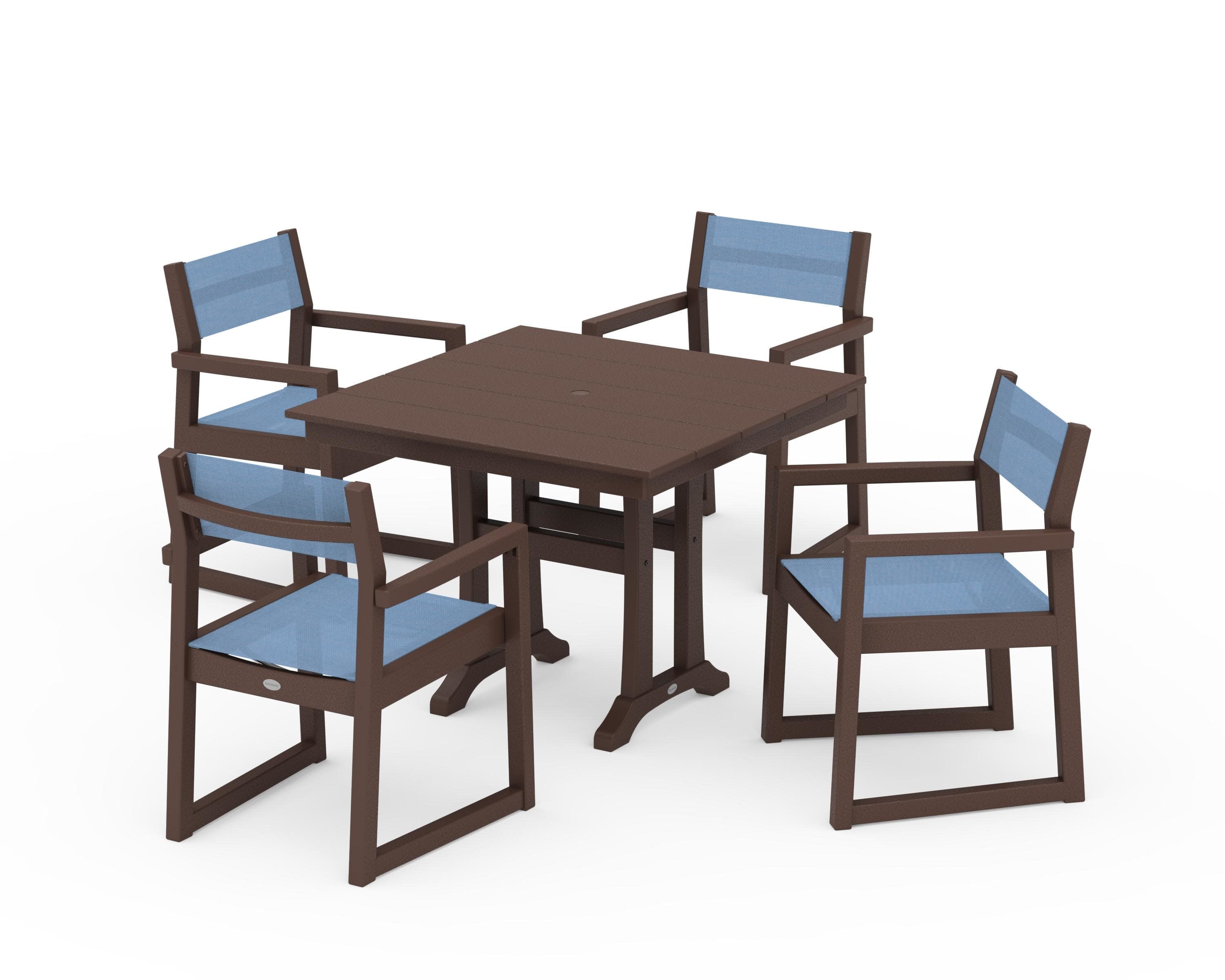 EDGE Sling 5-Piece Farmhouse Dining Set with Trestle Legs in Mahogany / Poolside Sling