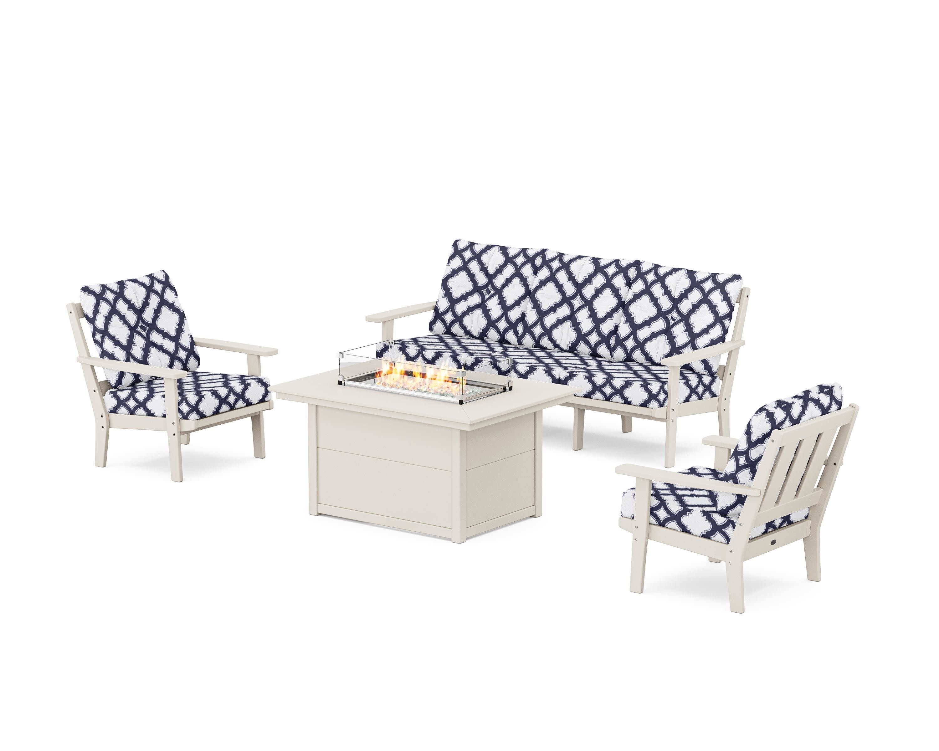 Oxford Deep Seating Fire Pit Table Set in Sand / Trellis Navy