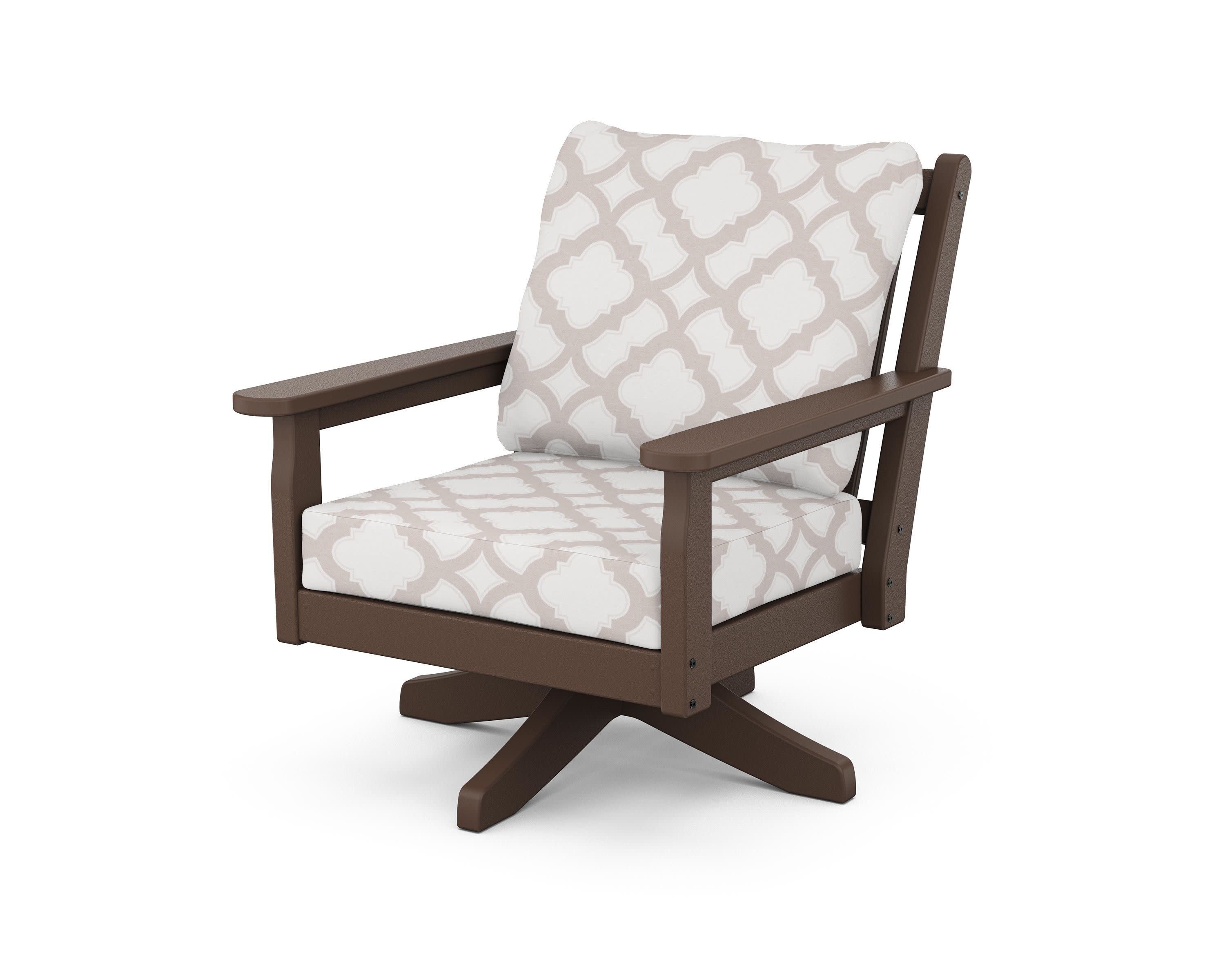 Chippendale Deep Seating Swivel Chair in Mahogany / Trellis Dune Burlap