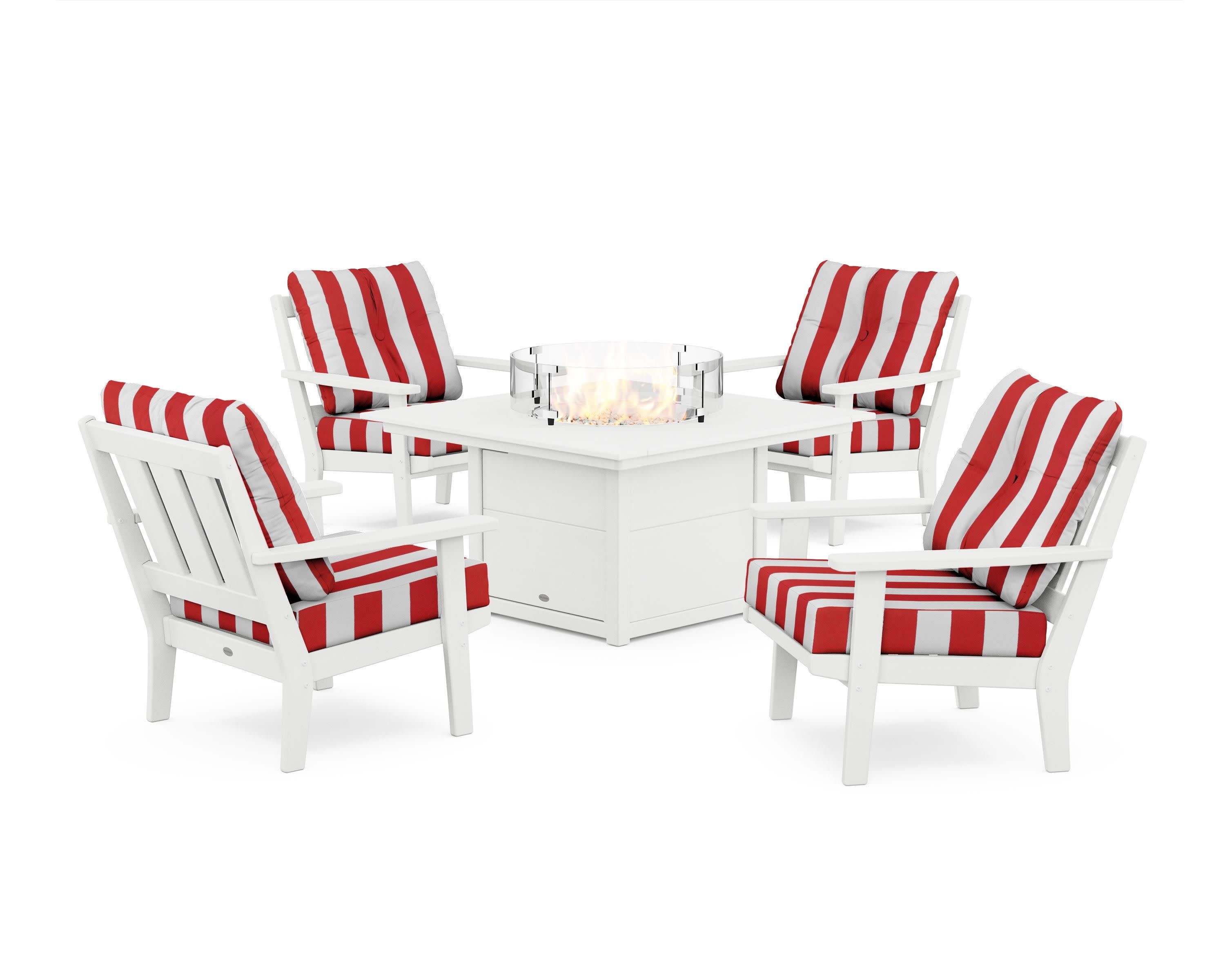 Oxford 5-Piece Deep Seating Set with Fire Pit Table in White / Cabana Stripe Crimson