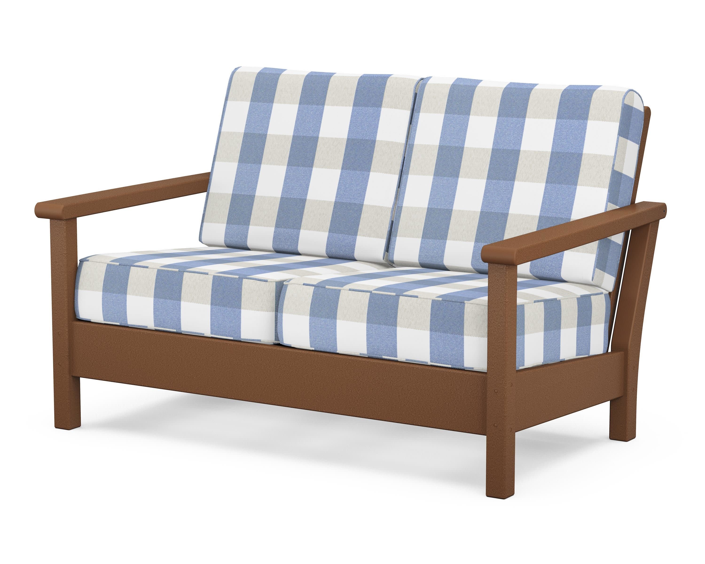Harbour Deep Seating Loveseat in Teak / Buffalo Plaid Sky Blue