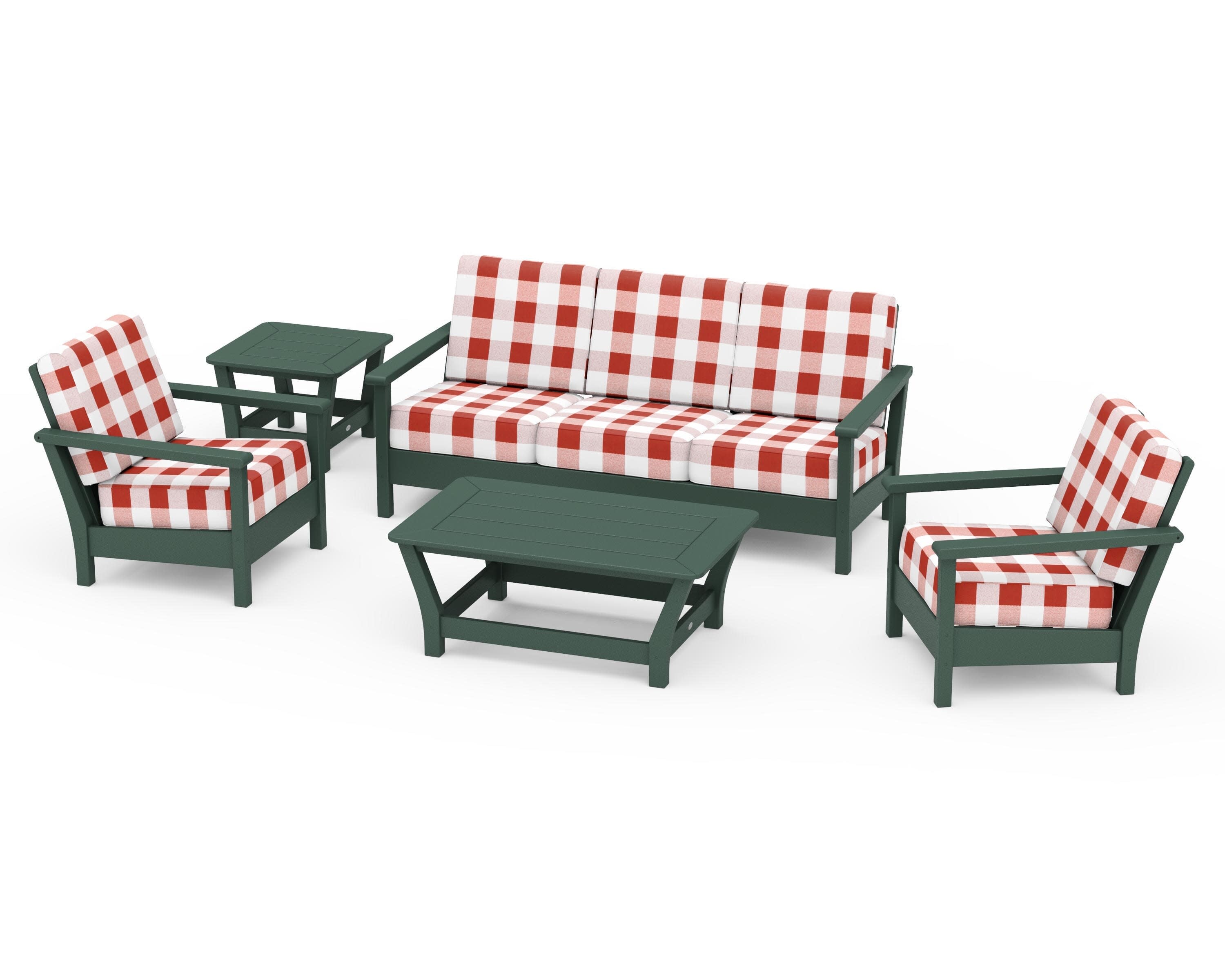 Harbour 5-Piece Deep Seating Set in Green / Buffalo Plaid Crimson