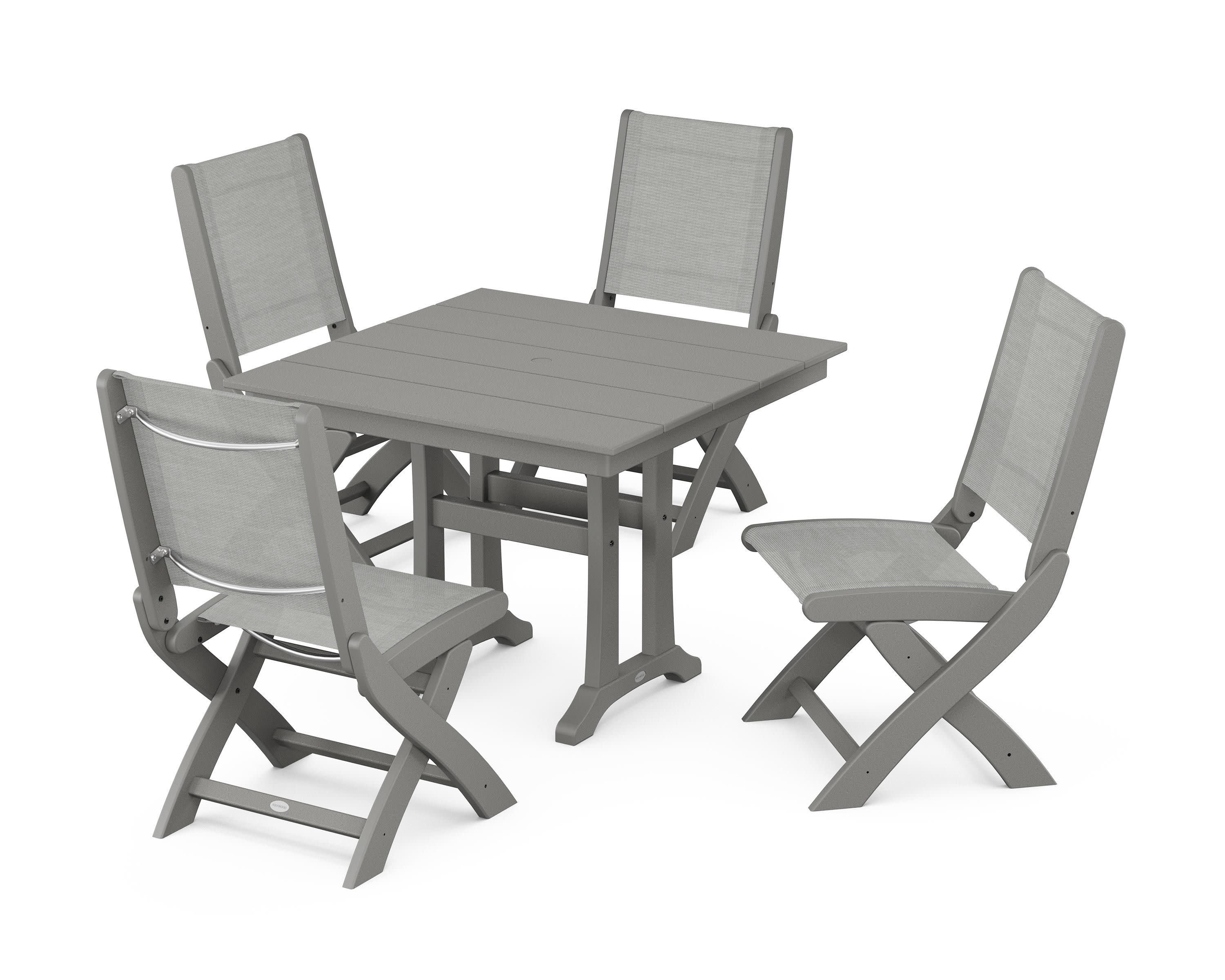 Coastal Folding Side Chair 5-Piece Farmhouse Dining Set With Trestle Legs in Slate Grey / Metallic Sling