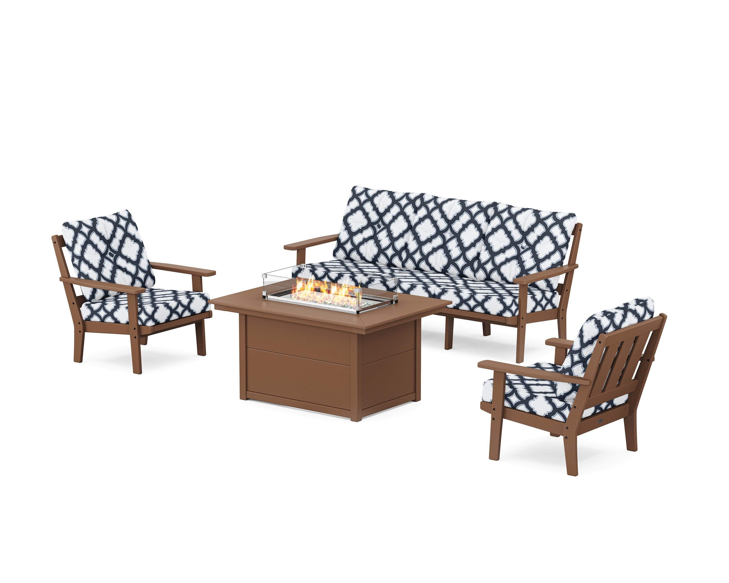 Oxford Deep Seating Fire Pit Table Set in Teak / Trellis Marine Indigo