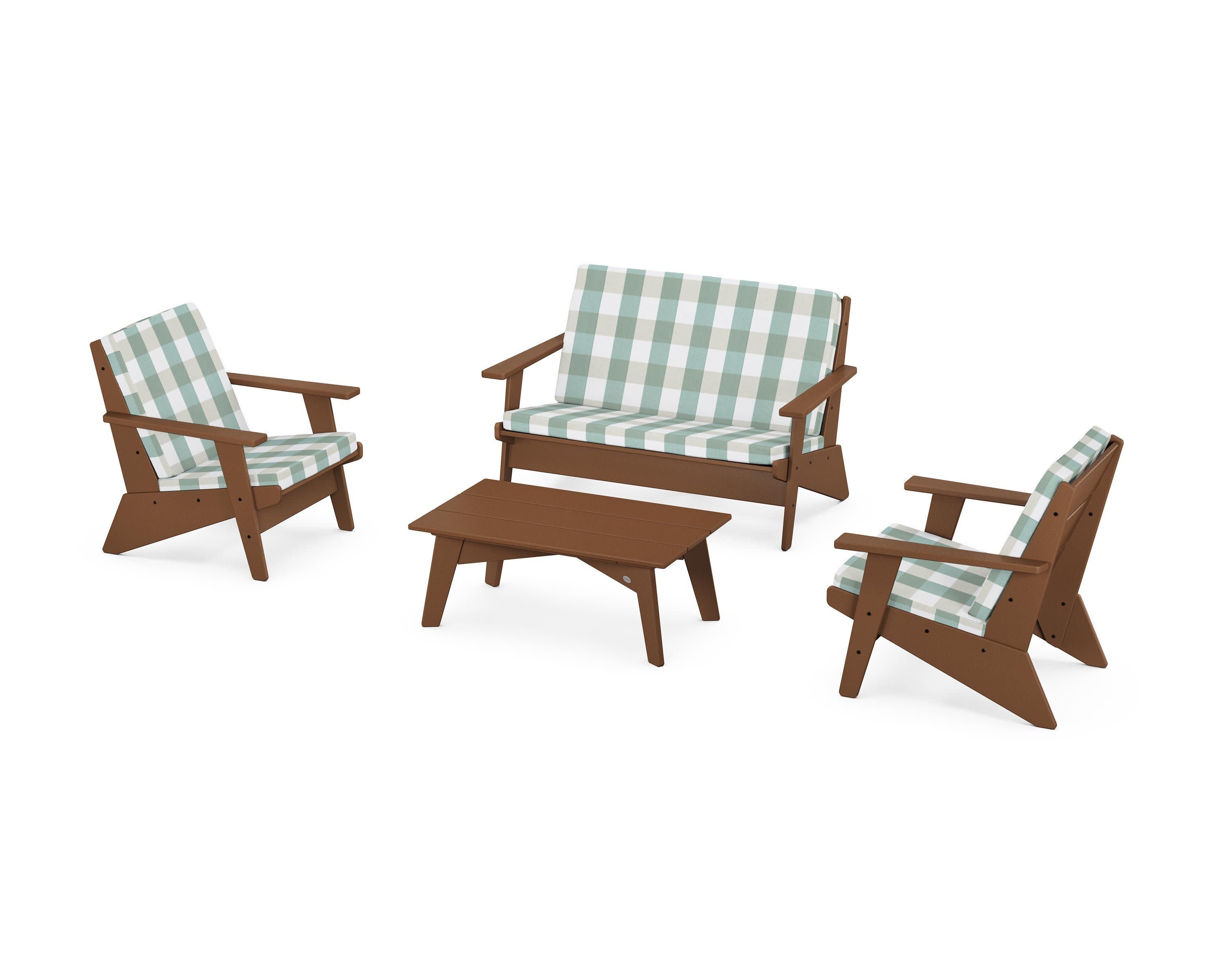 Riviera Modern Lounge 4-Piece Set in Teak / Buffalo Plaid Glacier Spa