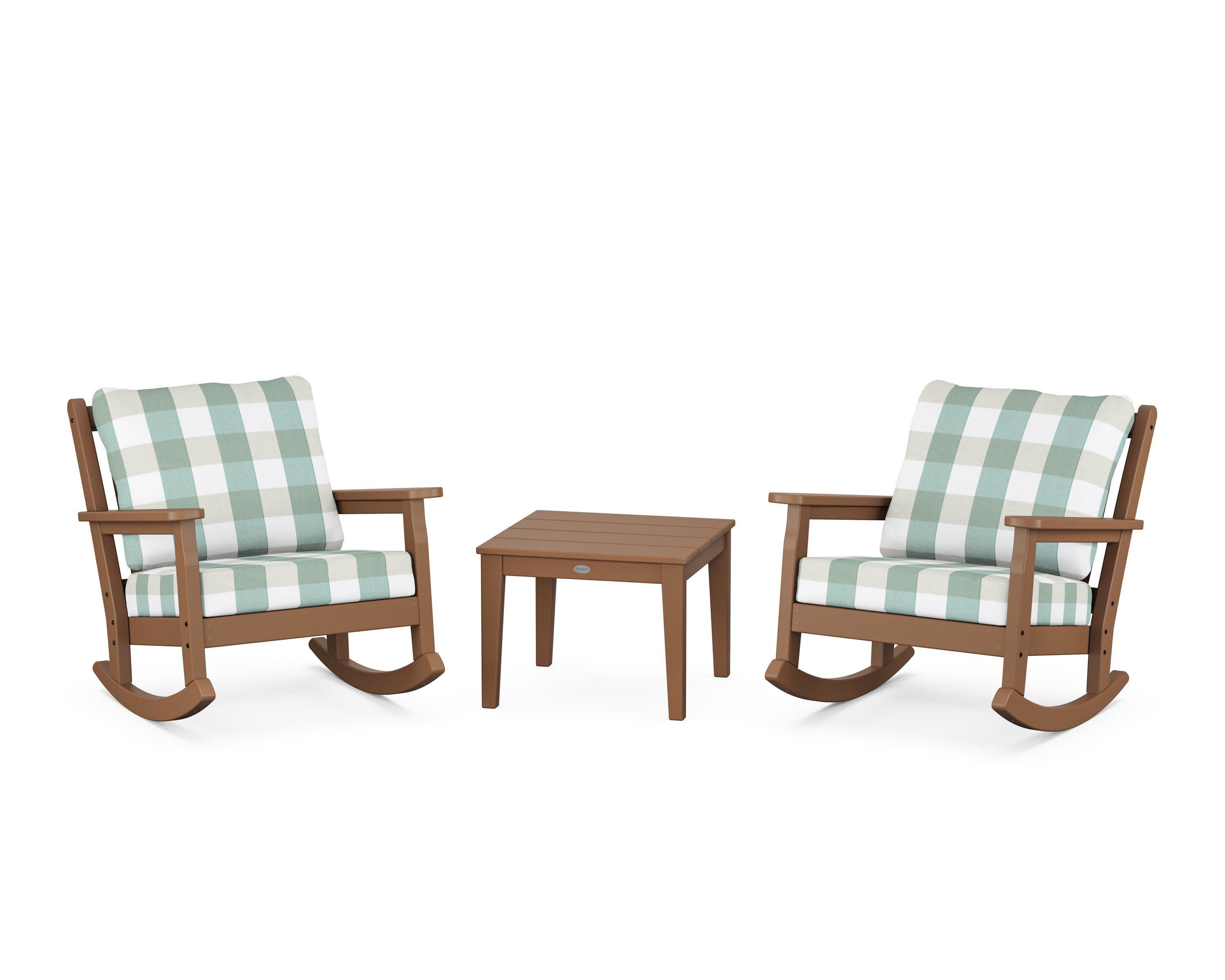 Chippendale 3-Piece Deep Seating Rocker Set in Teak / Buffalo Plaid Glacier Spa