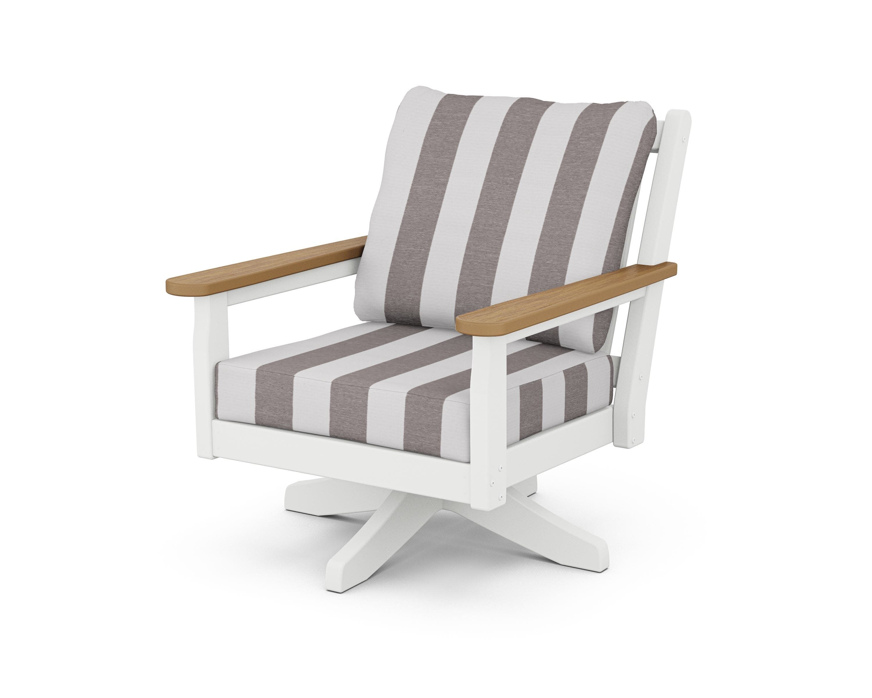Chippendale Deep Seating Swivel Chair in White / Natural / Cabana Stripe Grey Mist