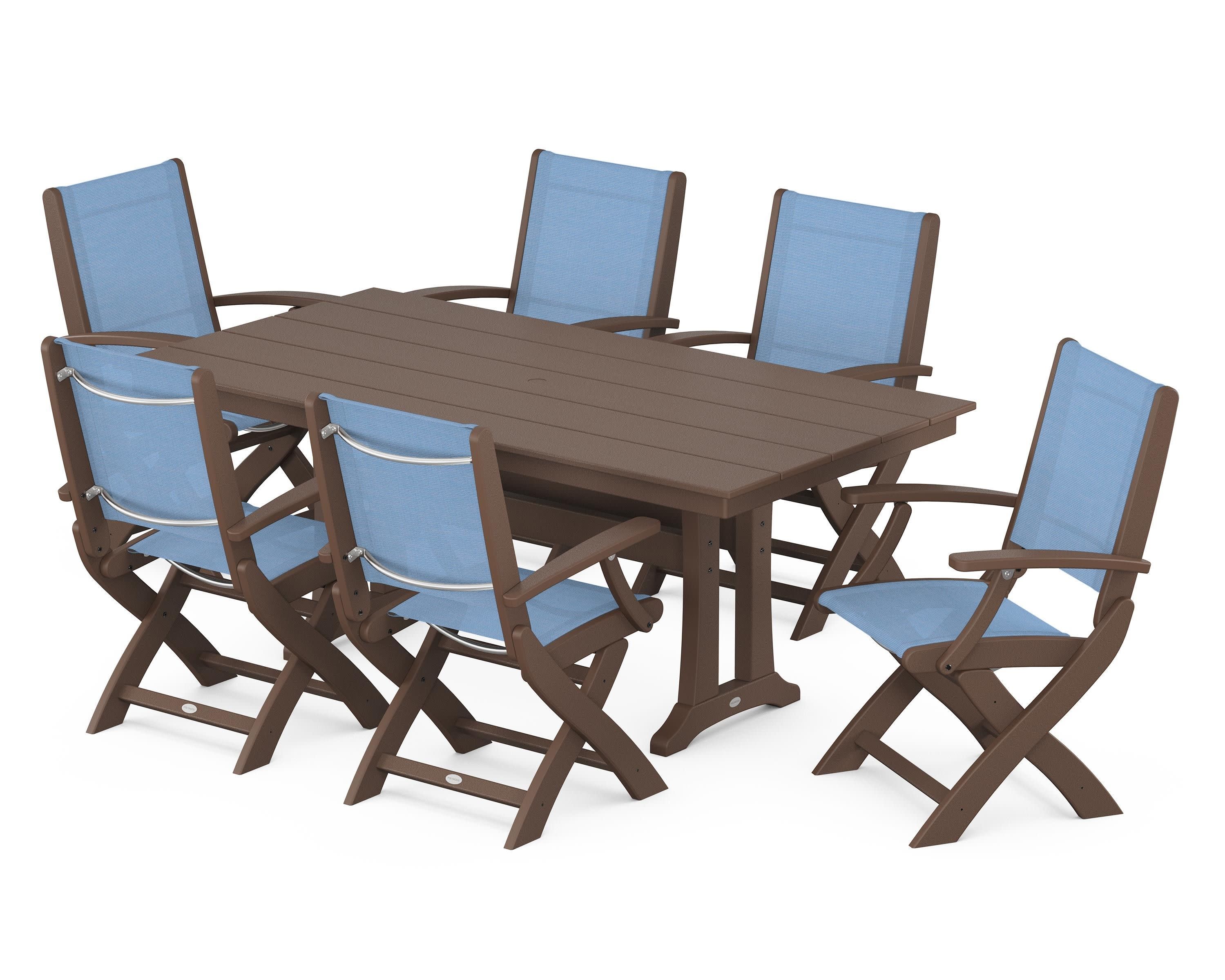 Coastal Folding Arm Chair 7-Piece Farmhouse Dining Set with Trestle Legs in Mahogany / Poolside Sling