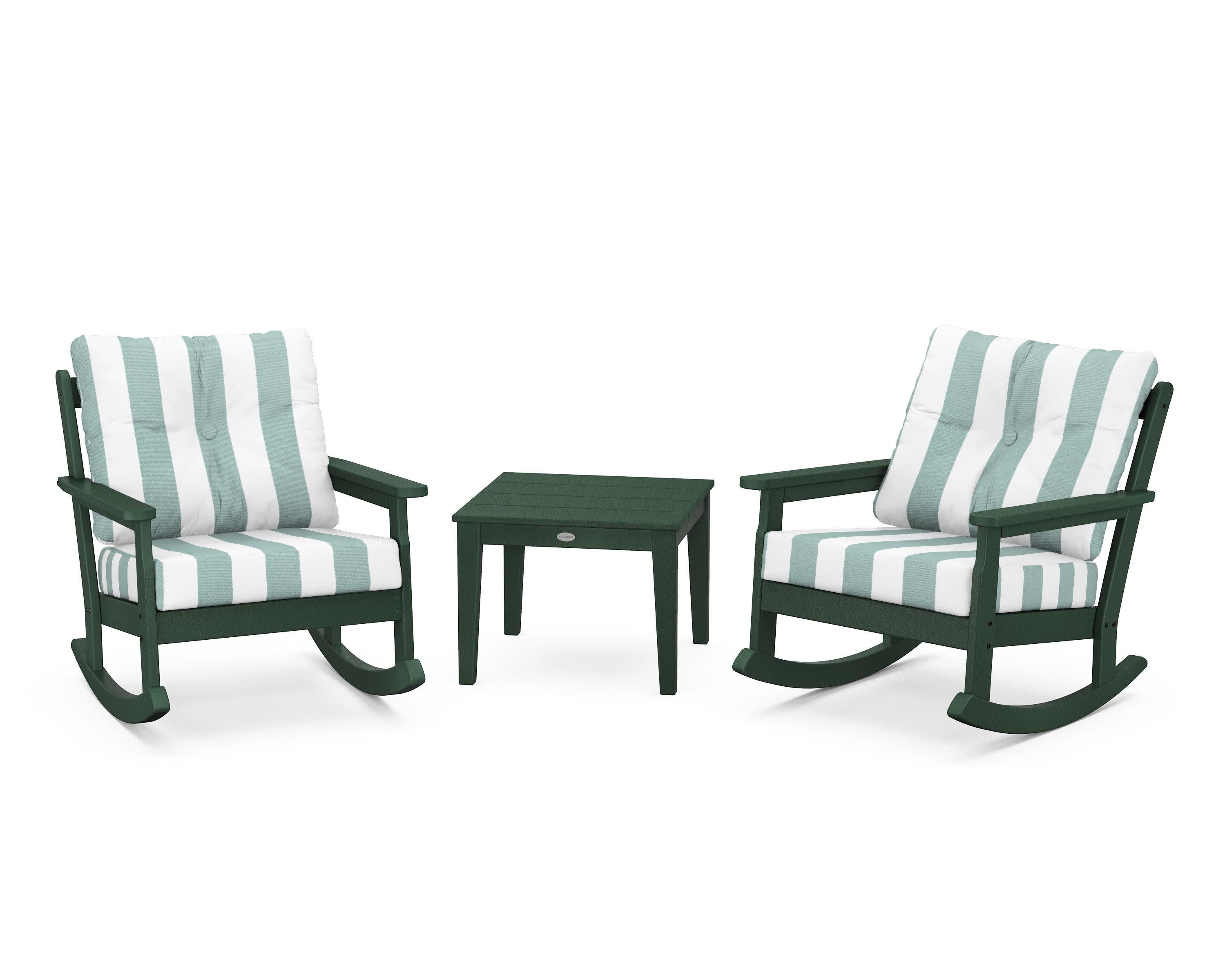 Vineyard 3-Piece Deep Seating Rocker Set in Green / Cabana Stripe Glacier Spa