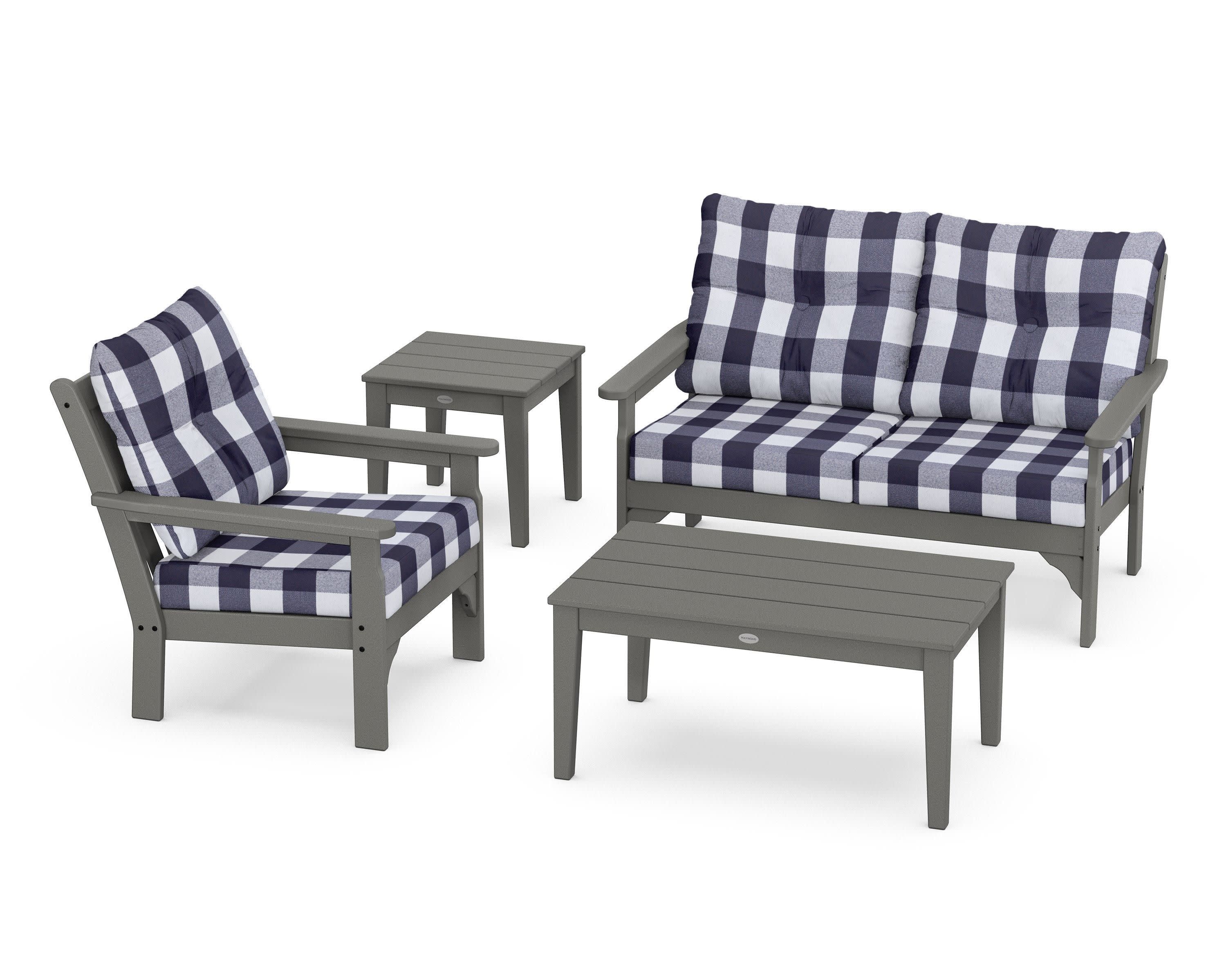 Vineyard 4-Piece Deep Seating Set in Slate Grey / Buffalo Plaid Navy