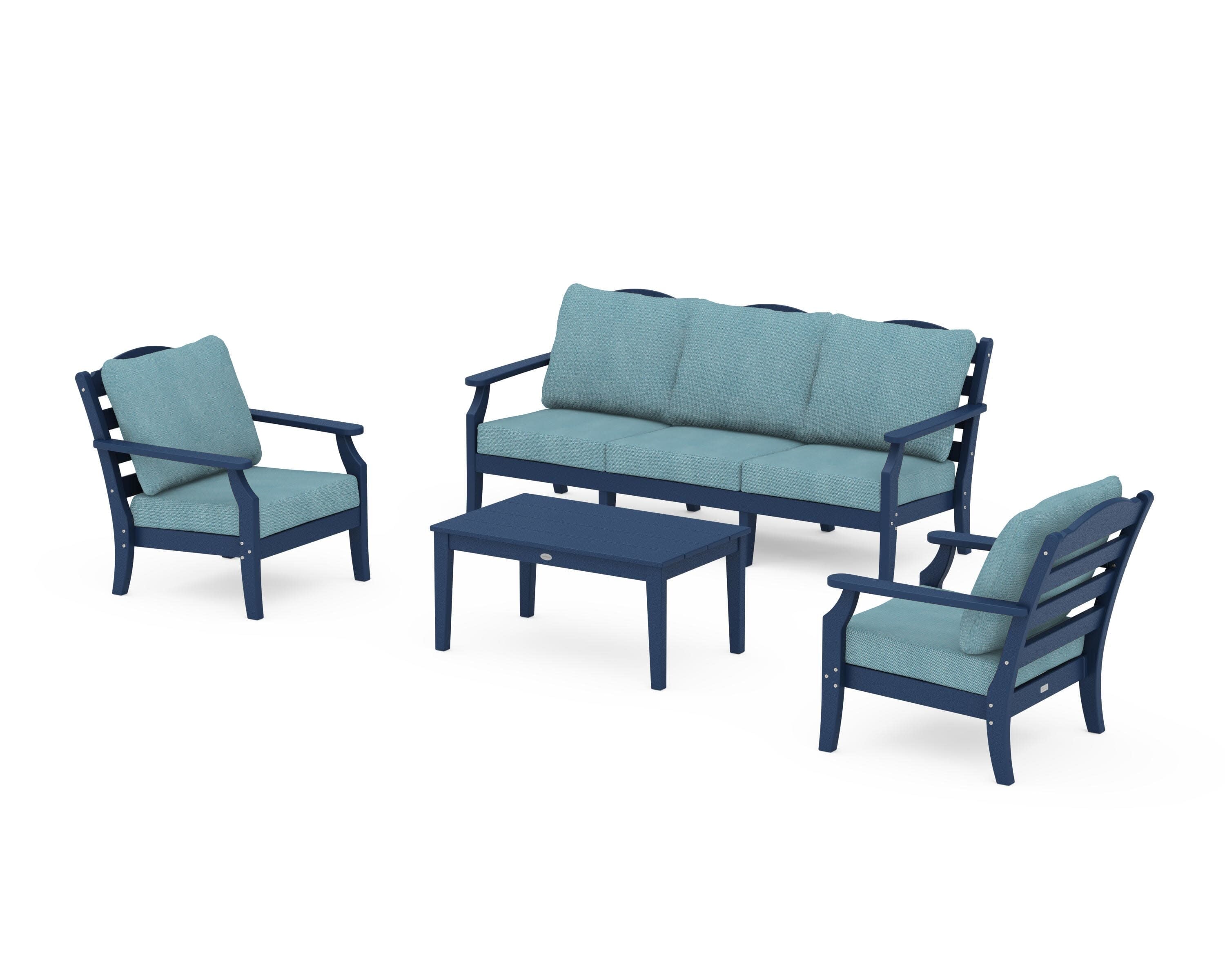 Savannah 4-Piece Deep Seating Set with Sofa in Navy / Lattice Sky Blue