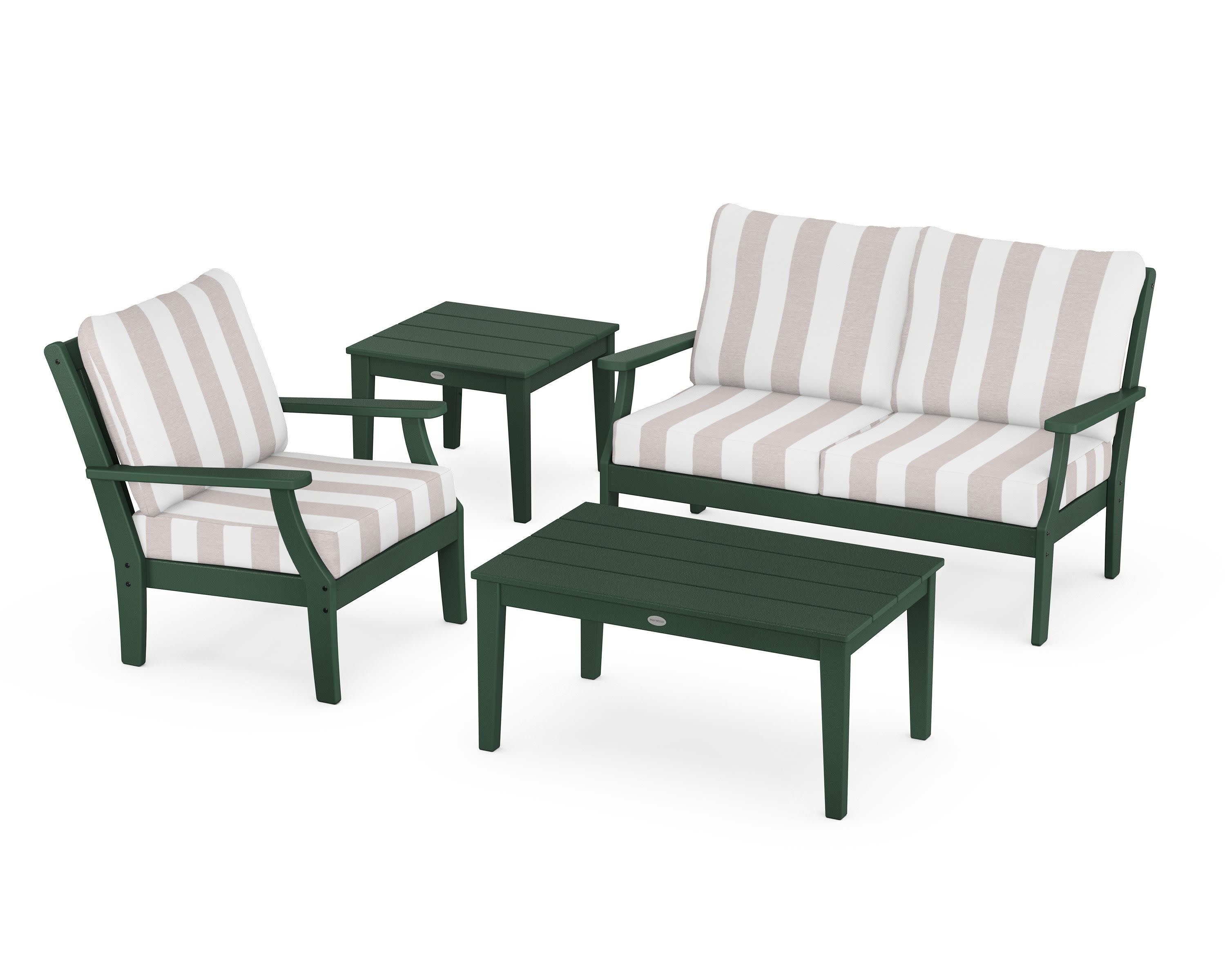 Braxton 4-Piece Deep Seating Set in Green / Cabana Stripe Dune Burlap