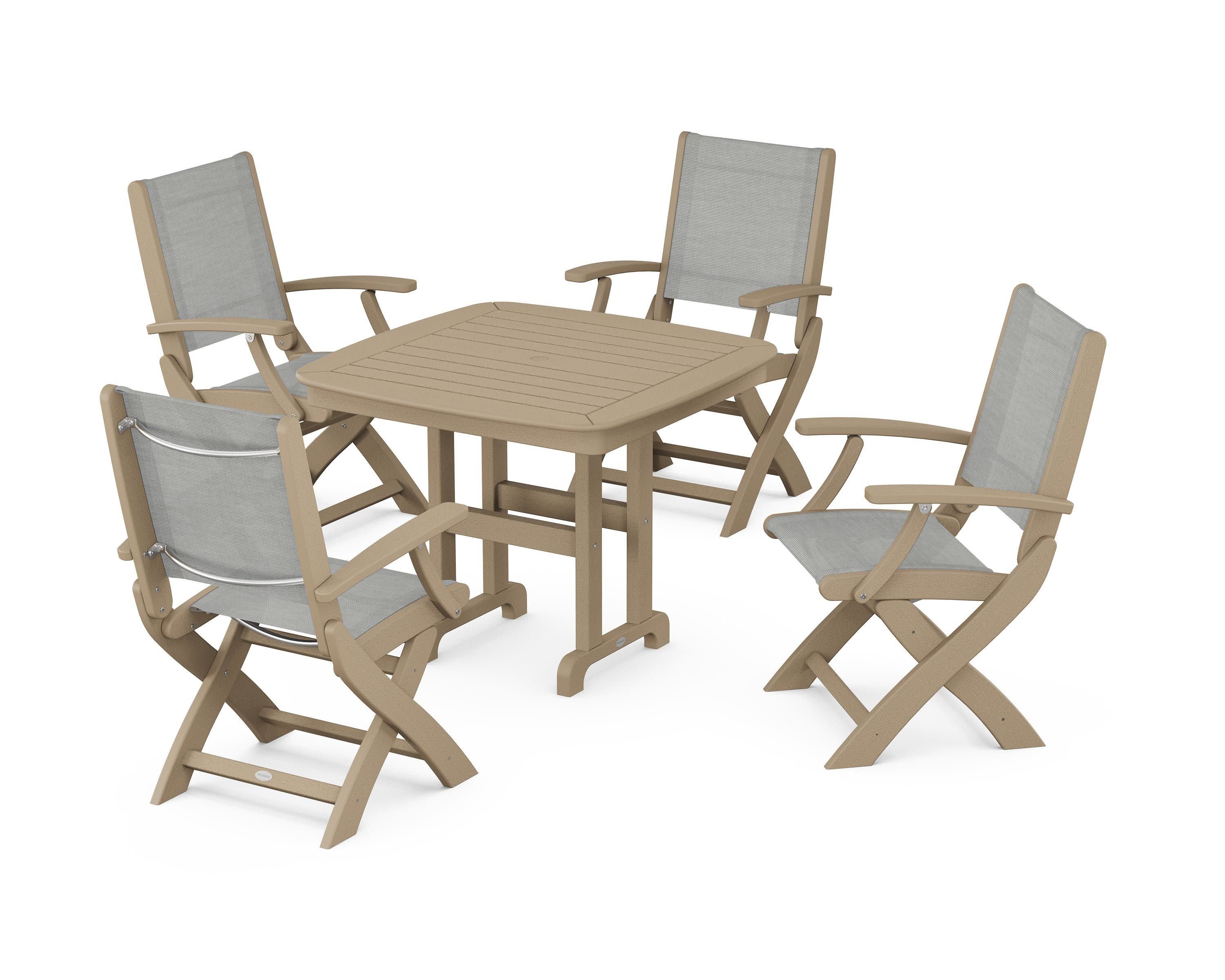 Coastal Folding Chair 5-Piece Dining Set in Vintage Sahara / Metallic Sling