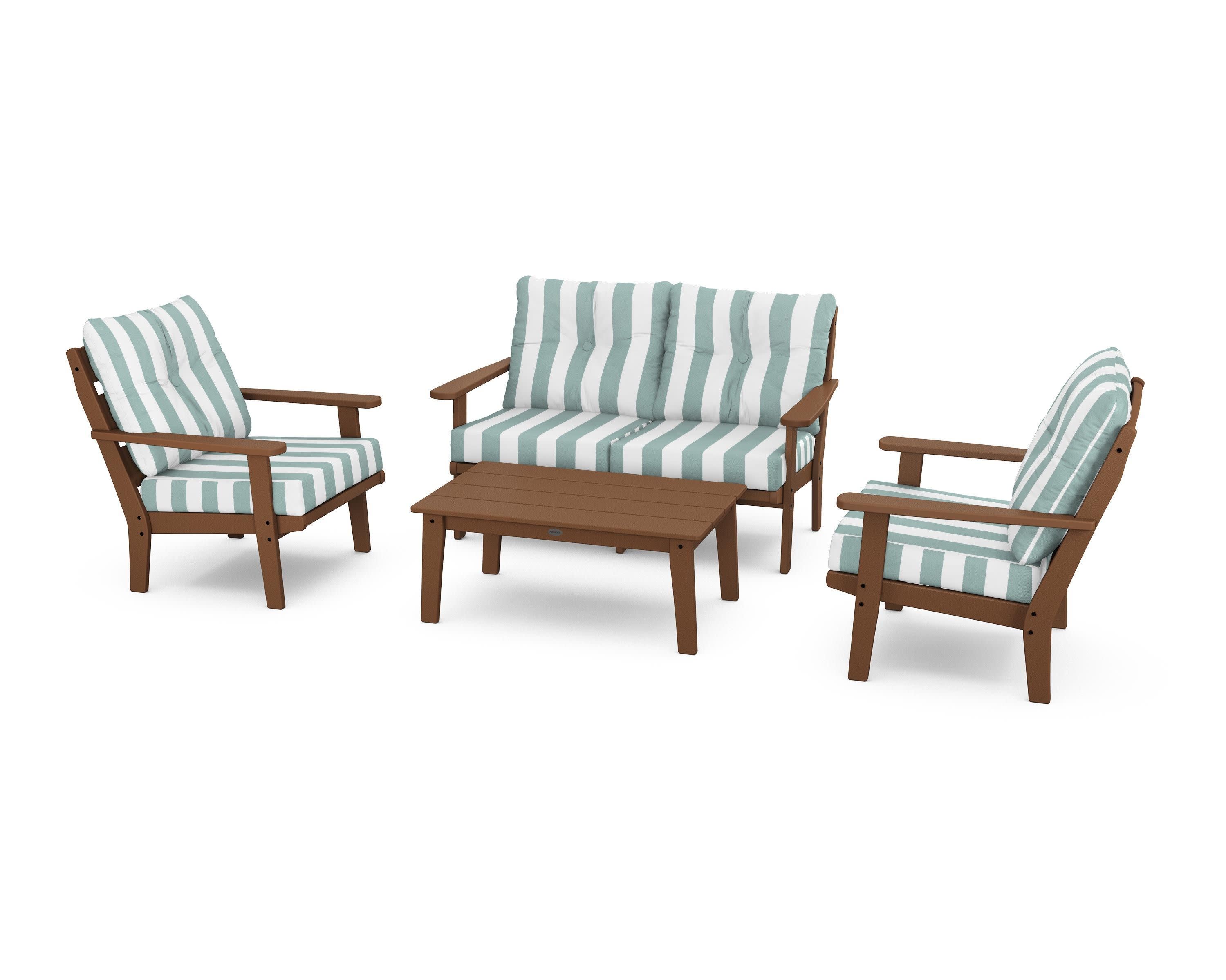 Lakeside 4-Piece Deep Seating Set in Teak / Cabana Stripe Glacier Spa
