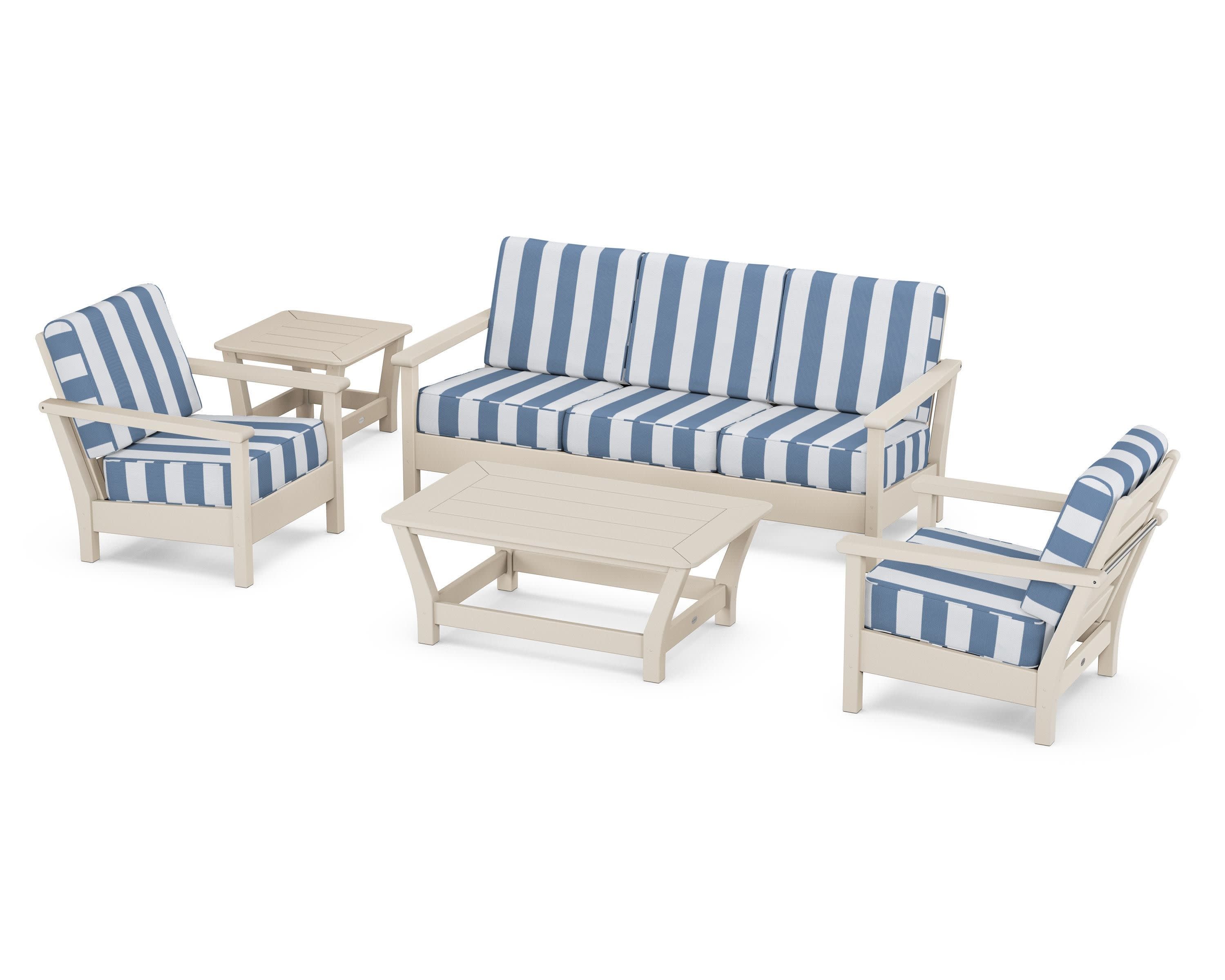 Harbour 5-Piece Deep Seating Set in Sand / Cabana Stripe Sky Blue