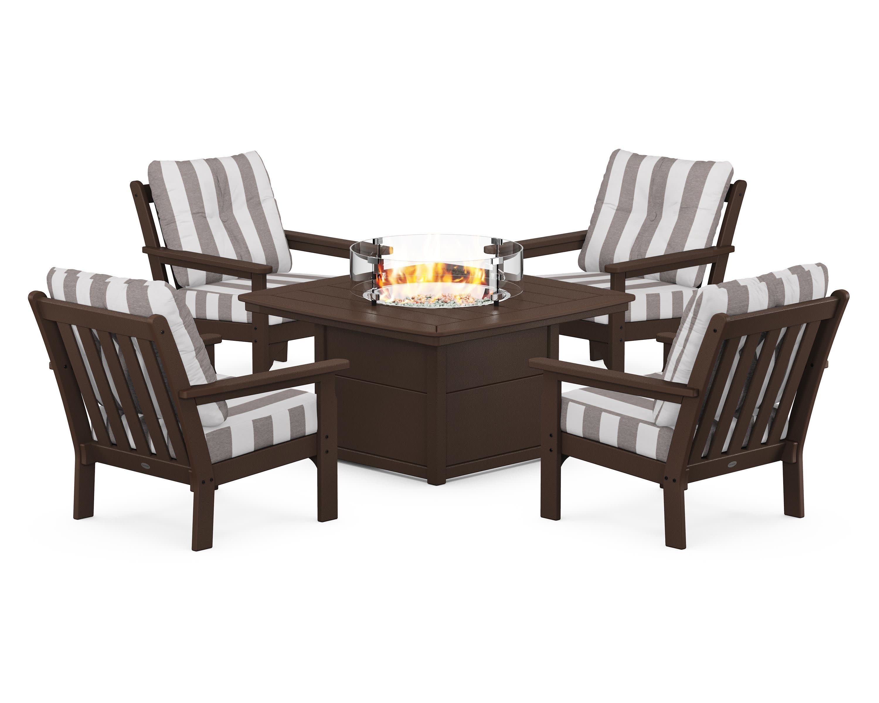 Vineyard 5-Piece Conversation Set with Fire Pit Table in Mahogany / Cabana Stripe Grey Mist