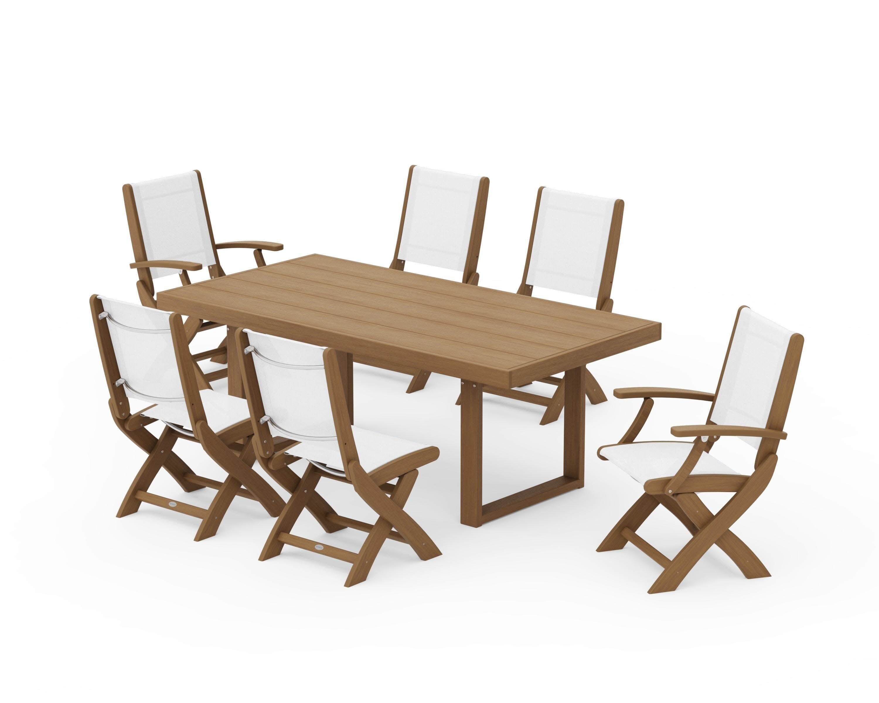 Coastal Folding Chair 7-Piece Dining Set with Trestle Legs in Natural / White Sling
