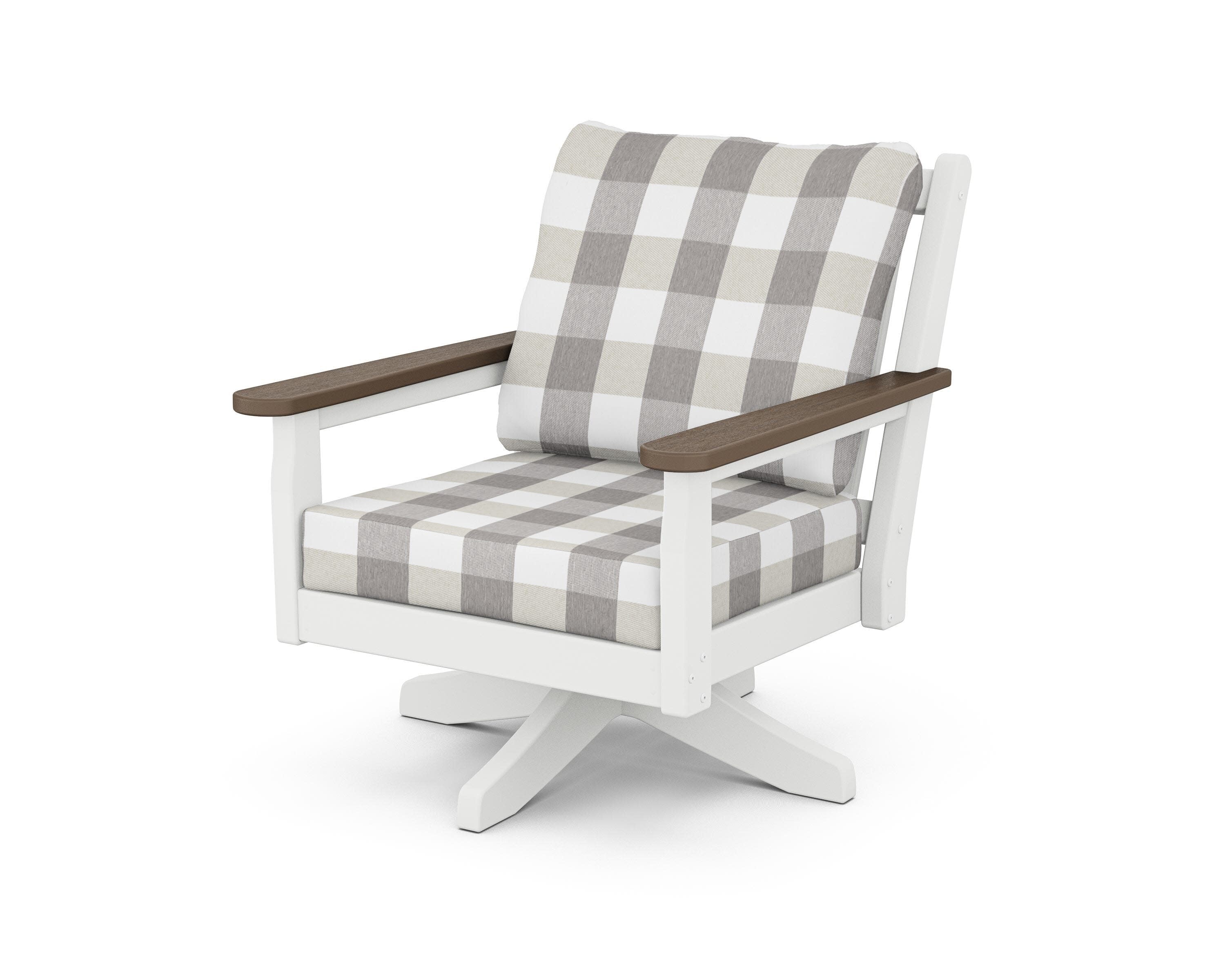 Chippendale Deep Seating Swivel Chair in White / Kona / Buffalo Plaid Grey Mist