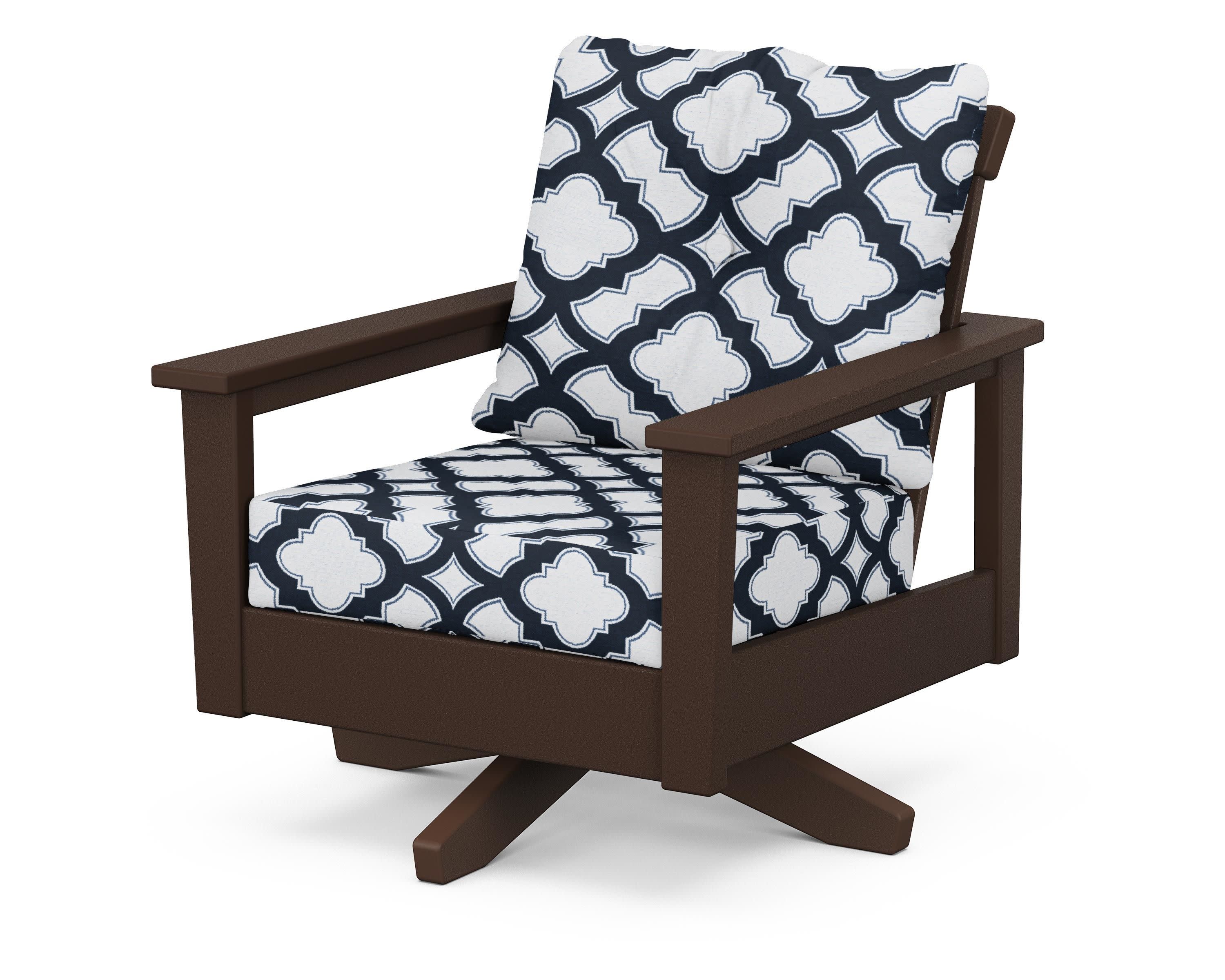Prescott Deep Seating Swivel Chair in Mahogany / Trellis Marine Indigo