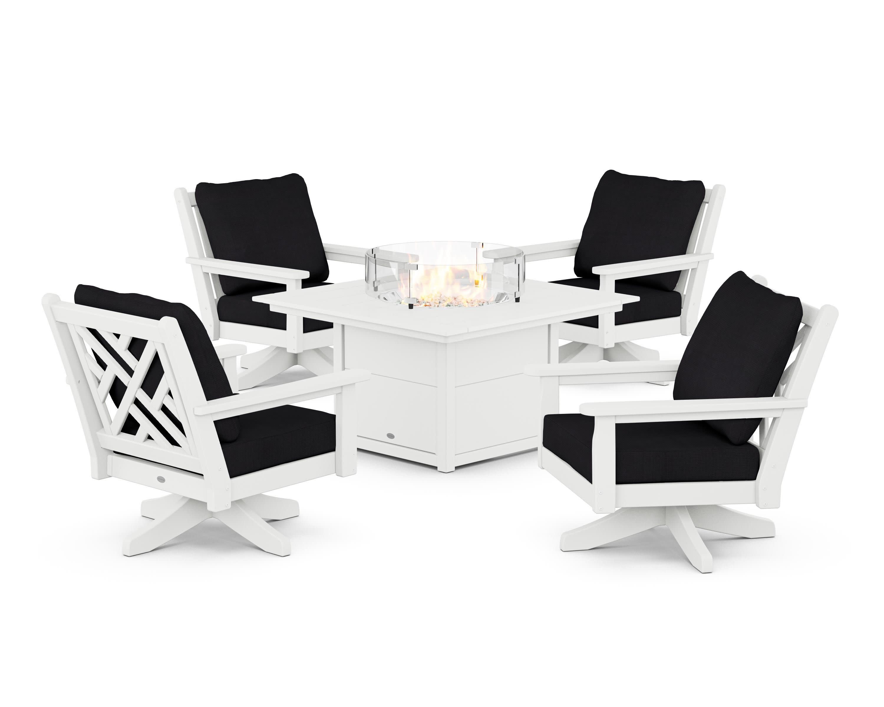 Chippendale 5-Piece Deep Seating Swivel Conversation Set with Fire Pit Table in White / Midnight Linen