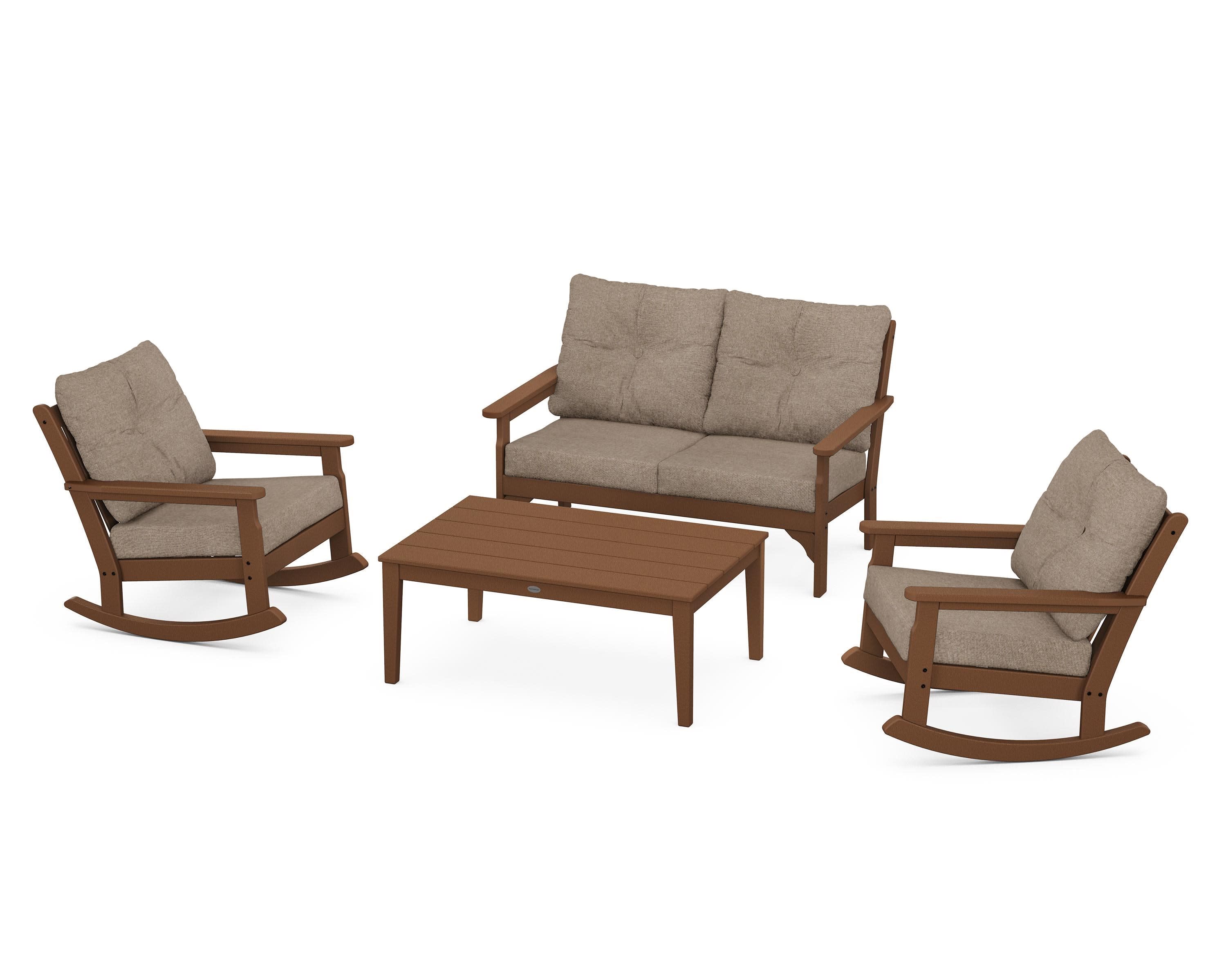 Vineyard 4-Piece Deep Seating Rocking Chair Set in Teak / Spiced Burlap