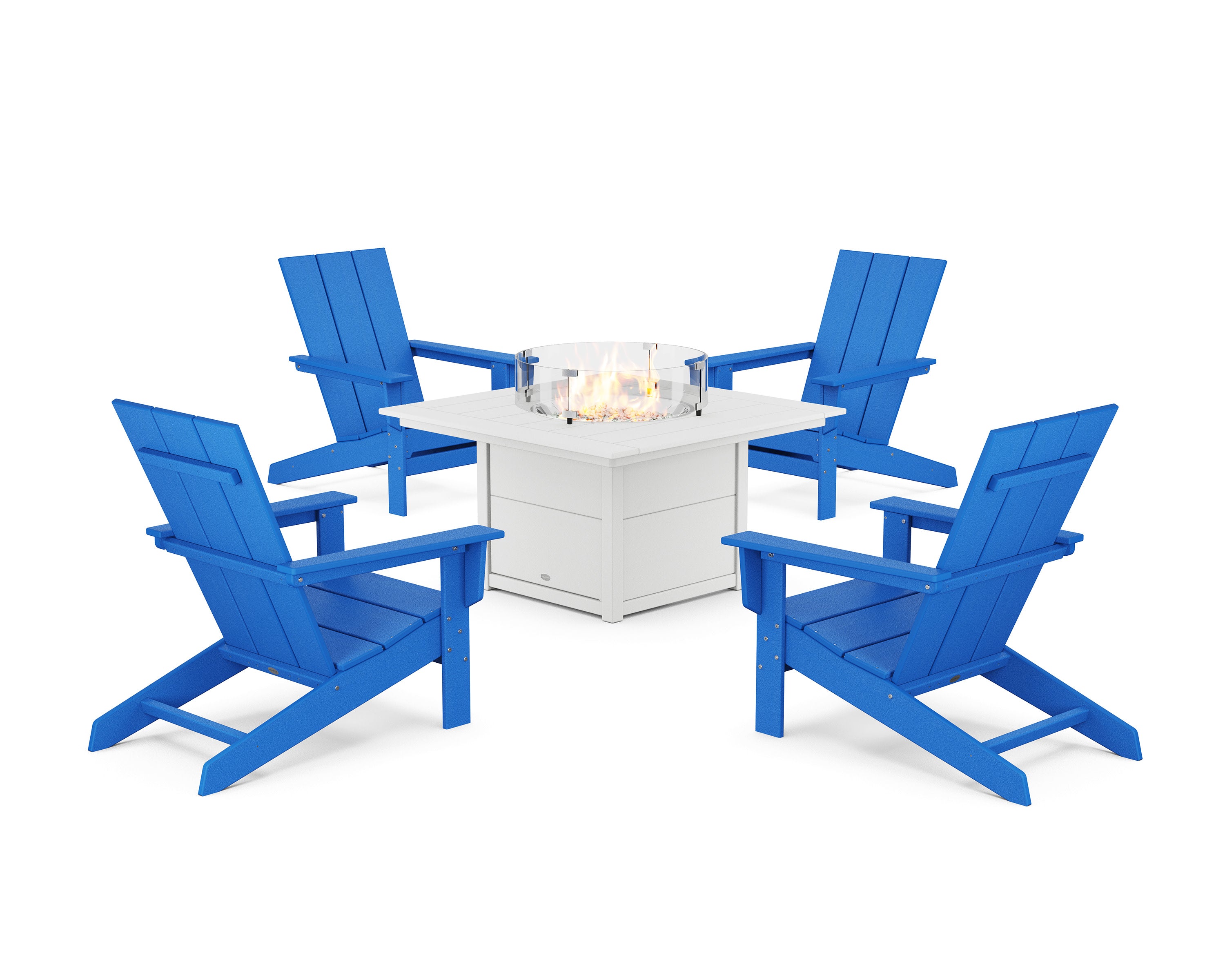 5-Piece Modern Studio Adirondack Conversation Set with Fire Pit Table in Pacific Blue / White