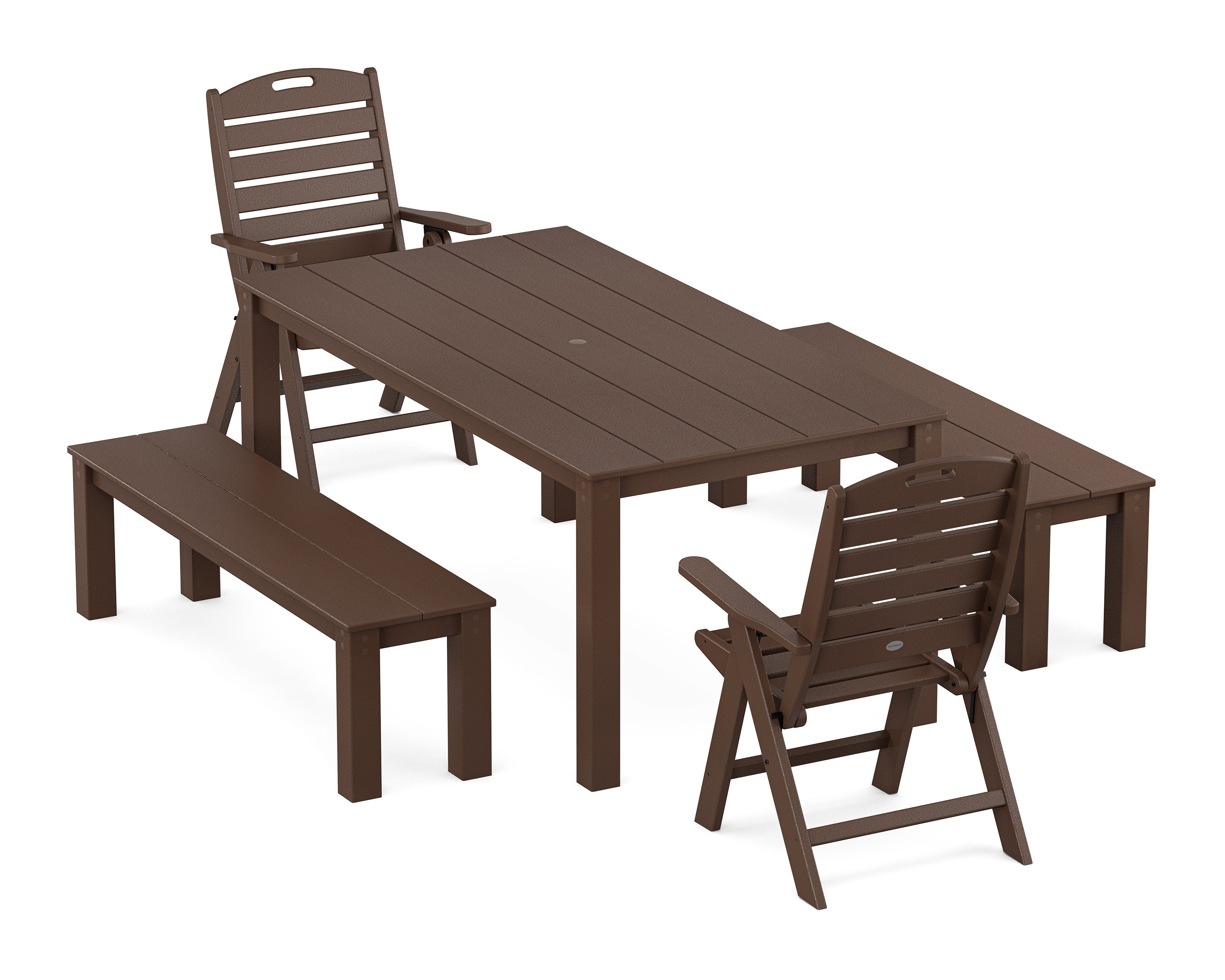 Nautical Folding Highback Chair 5-Piece Parsons Dining Set with Benches in Mahogany