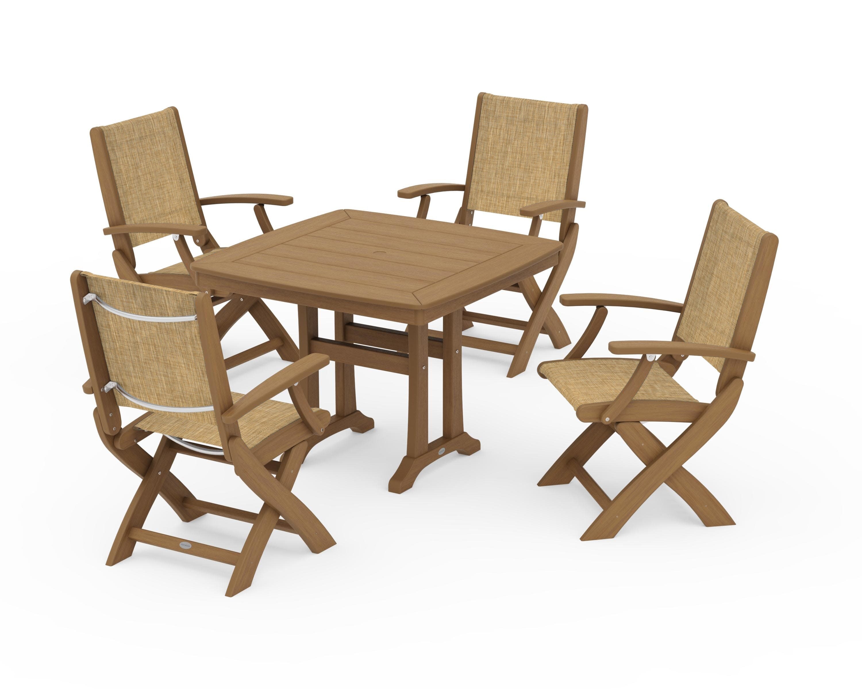 Coastal Folding Chair 5-Piece Dining Set with Trestle Legs in Natural / Burlap Sling