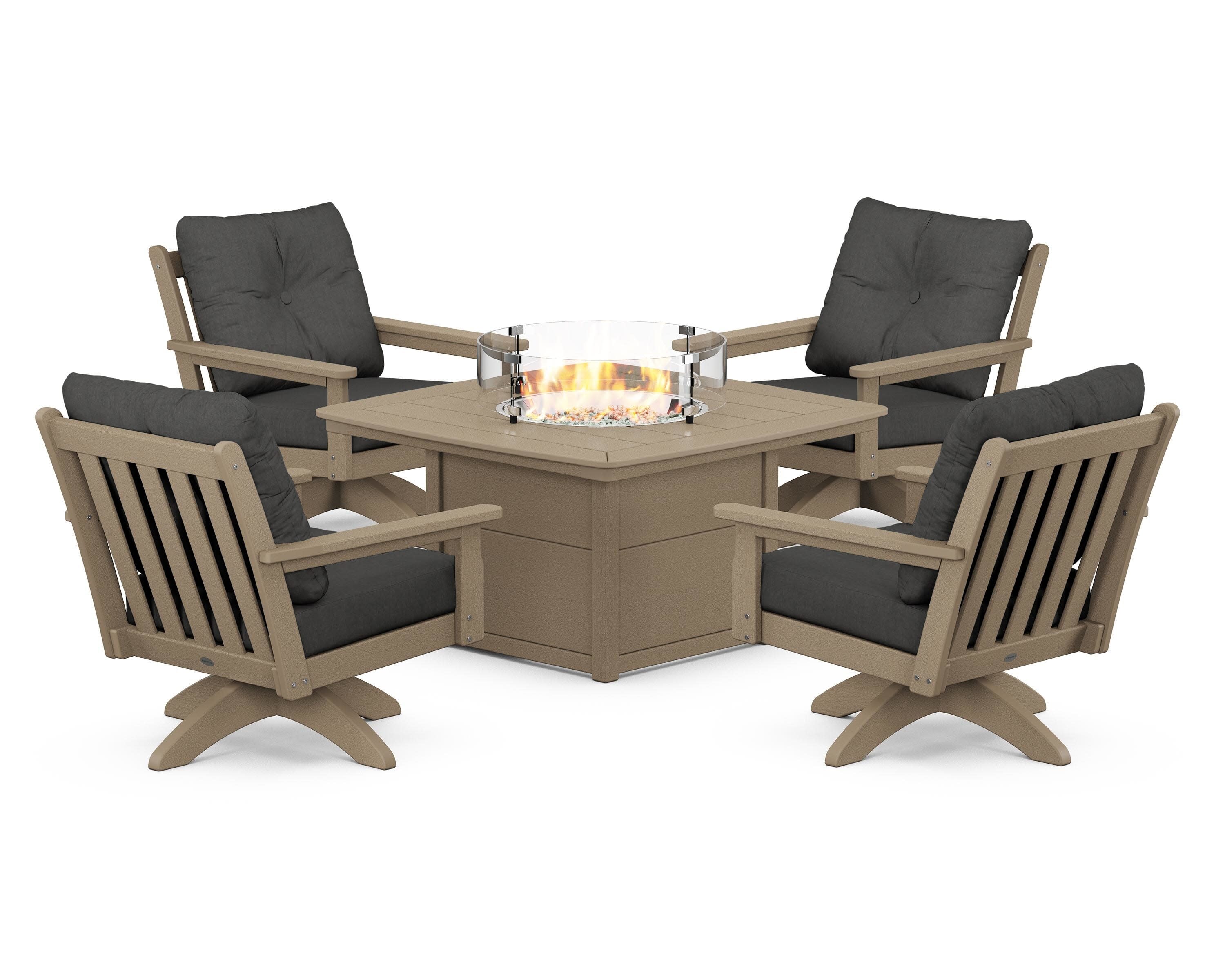 Vineyard 5-Piece Deep Seating Swivel Conversation Set with Fire Pit Table in Vintage Sahara / Spectrum Carbon