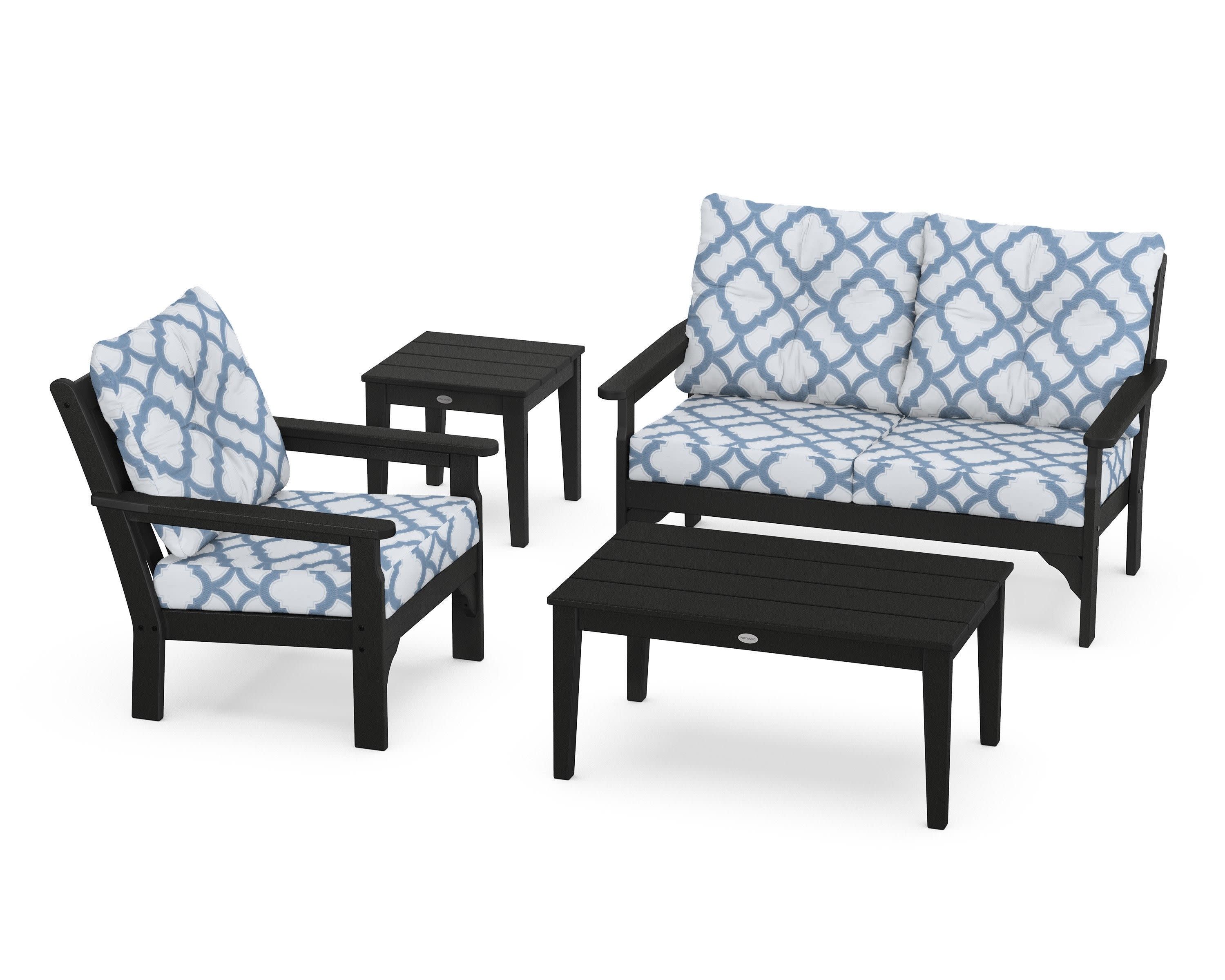 Vineyard 4-Piece Deep Seating Set in Black / Trellis Sky Blue