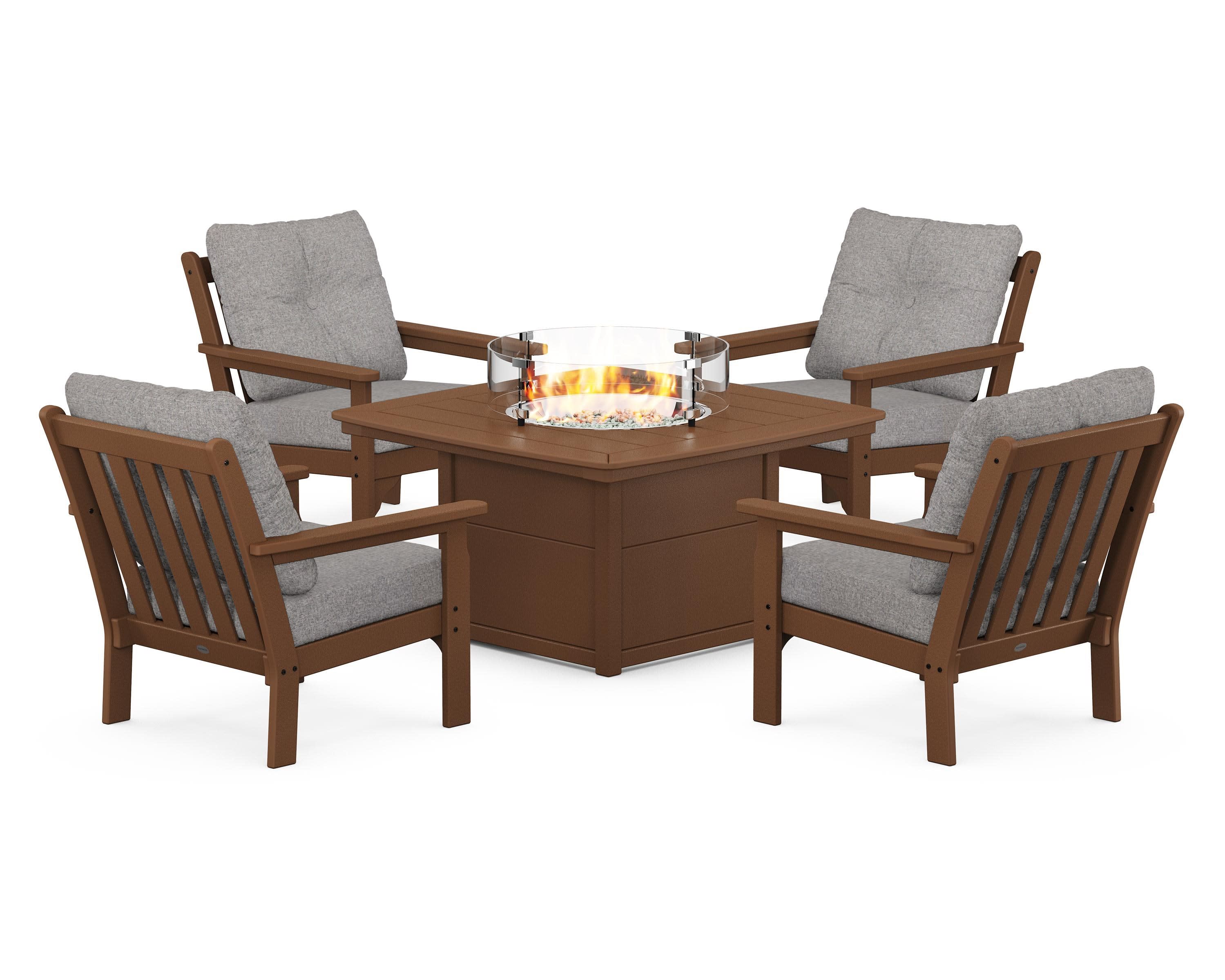 Vineyard 5-Piece Conversation Set with Fire Pit Table in Teak / Grey Mist