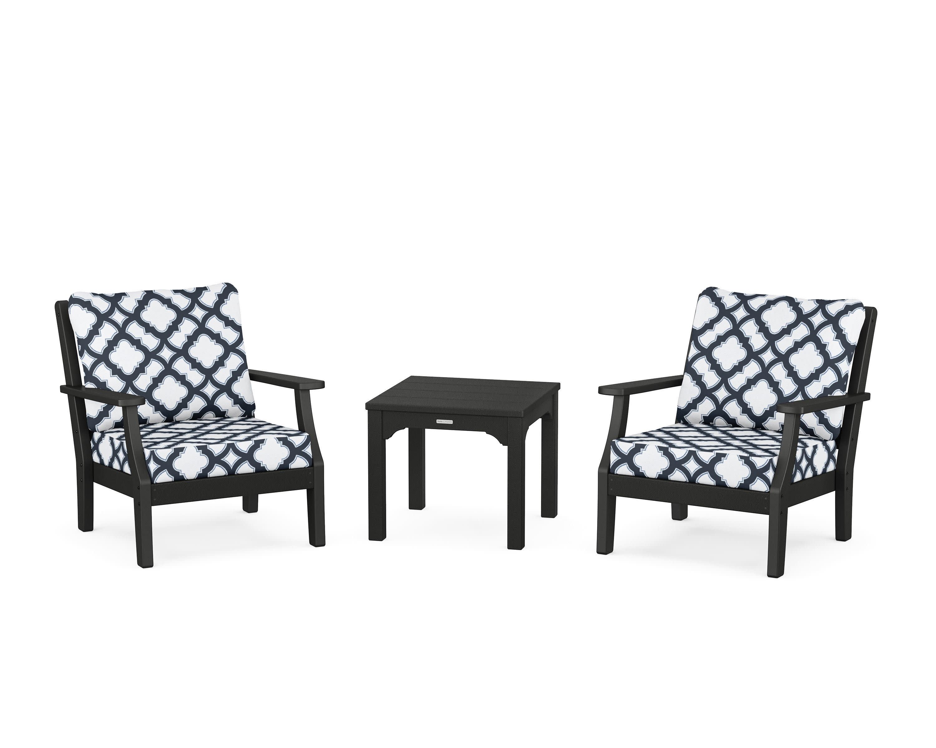 Chinoiserie 3-Piece Deep Seating Set in Black / Trellis Marine Indigo