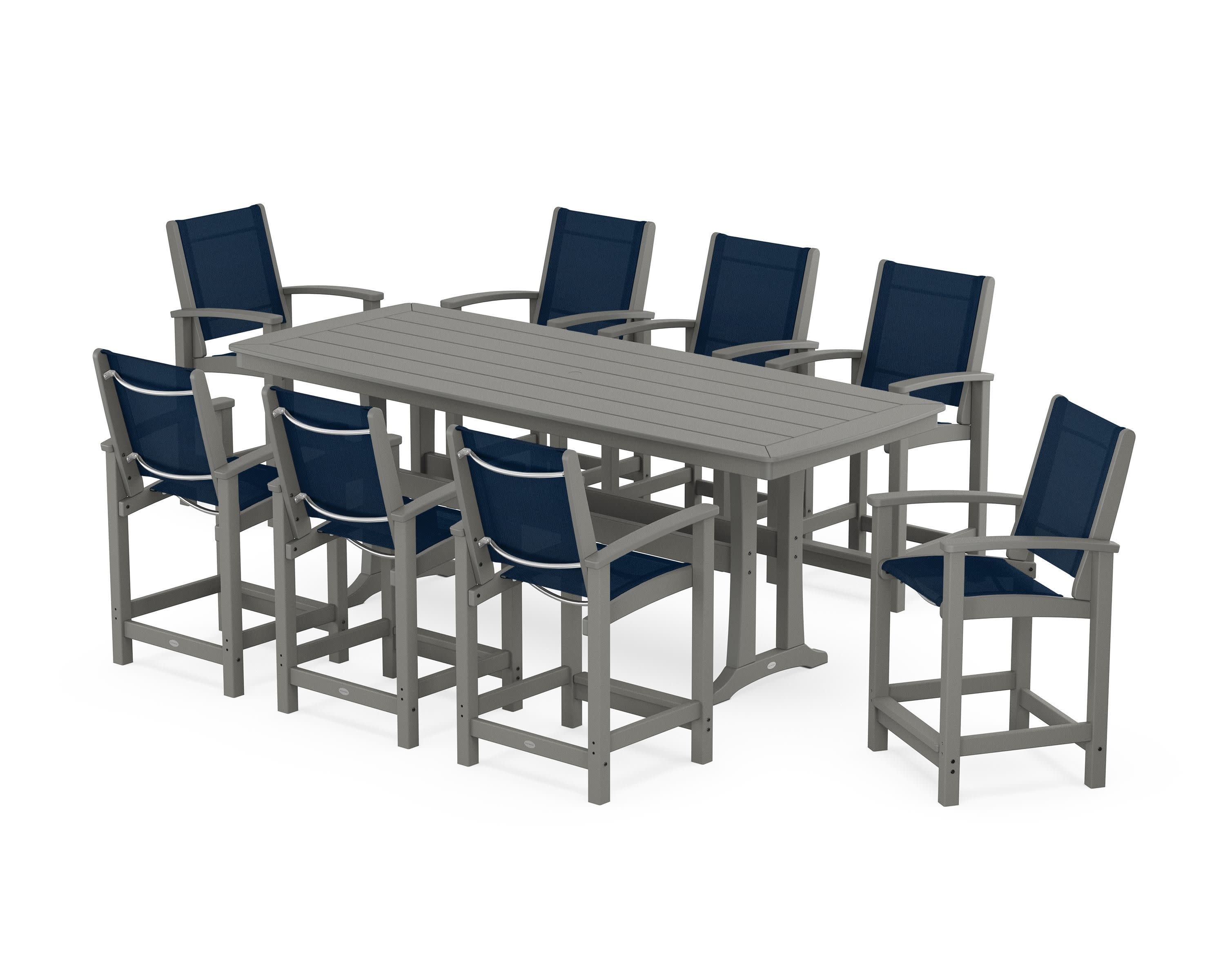 Coastal 9-Piece Counter Set with Trestle Legs in Slate Grey / Navy Blue Sling