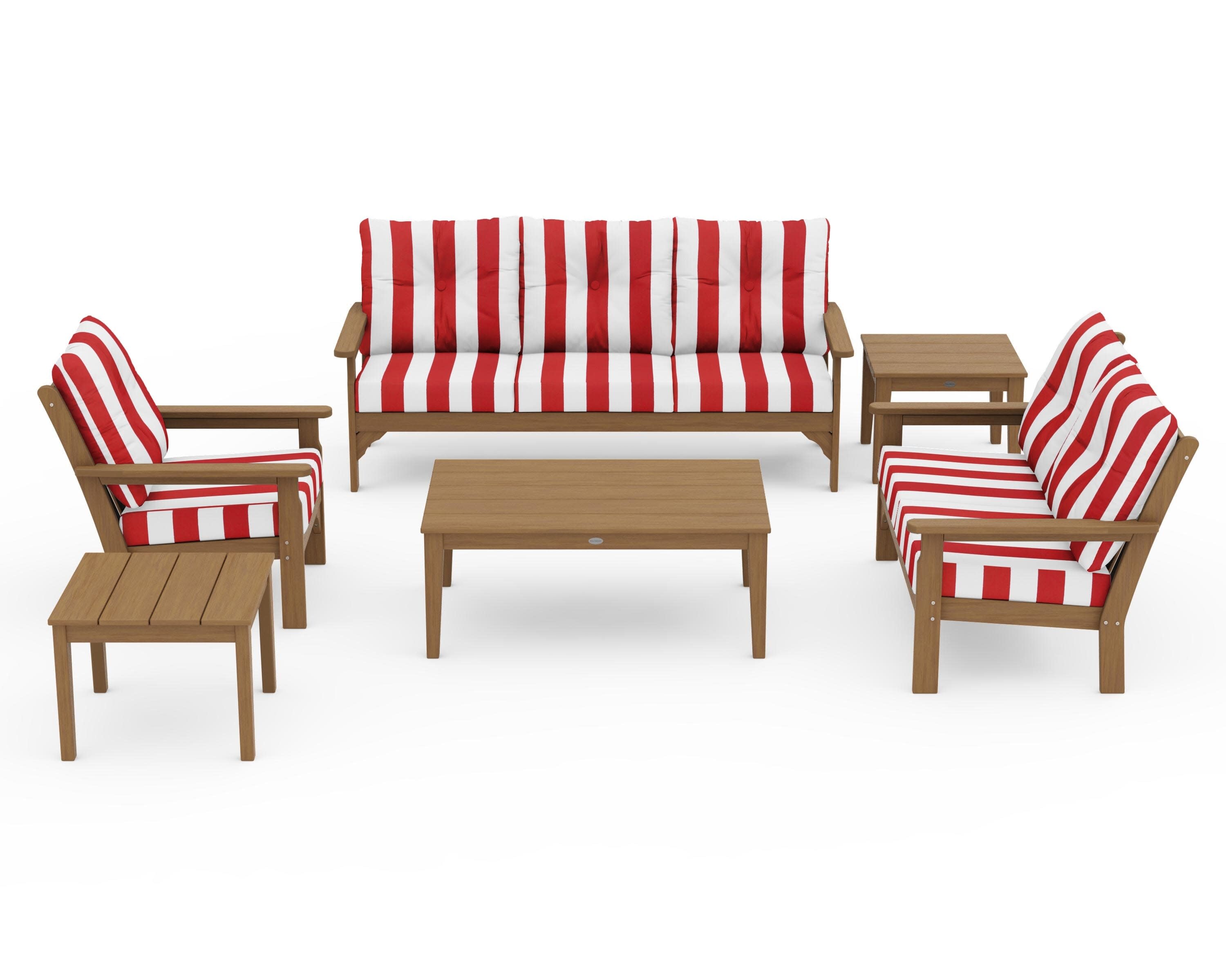 Vineyard 6-Piece Deep Seating Set in Natural / Cabana Stripe Crimson