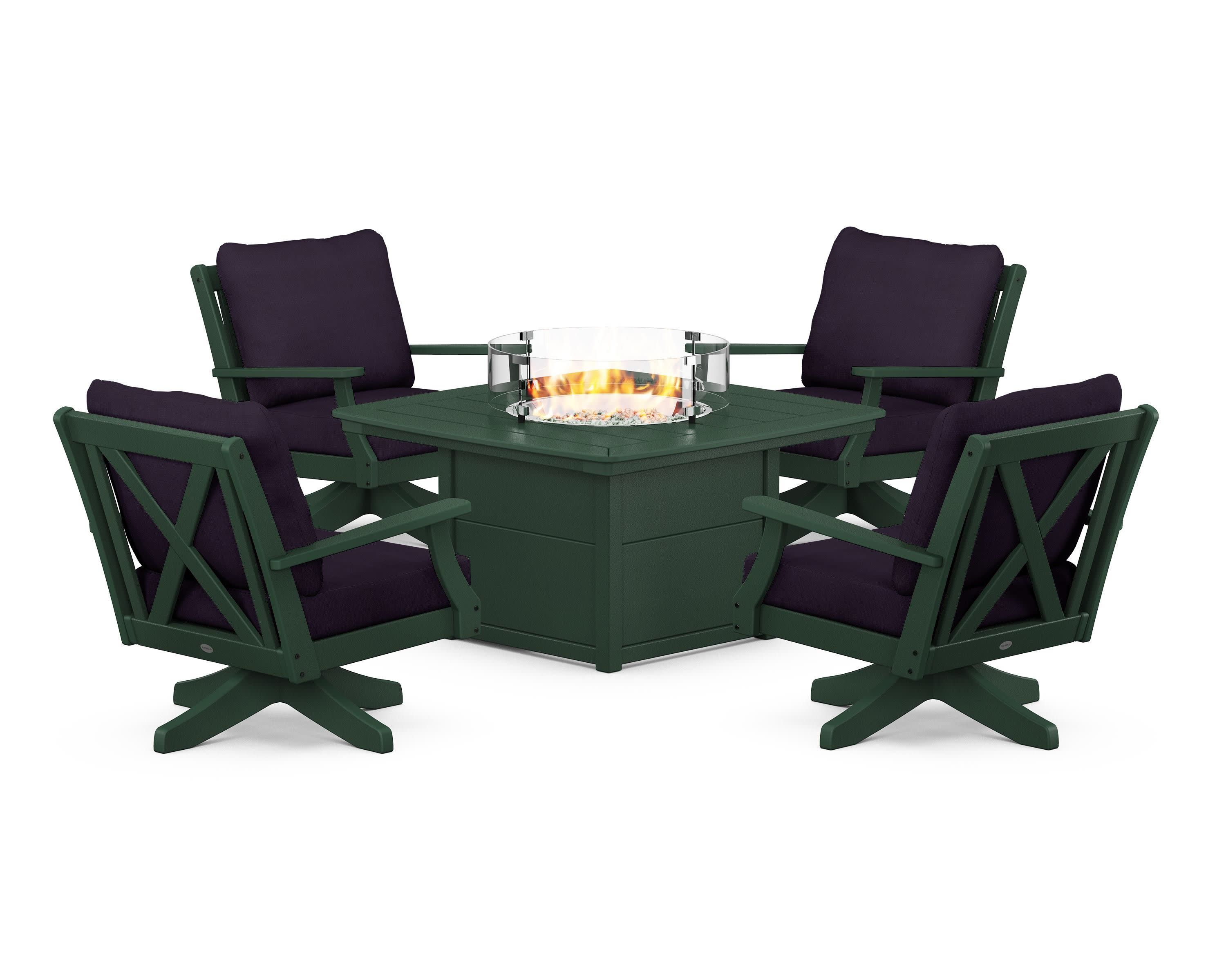 Braxton 5-Piece Deep Seating Swivel Conversation Set with Fire Pit Table in Green / Navy Linen