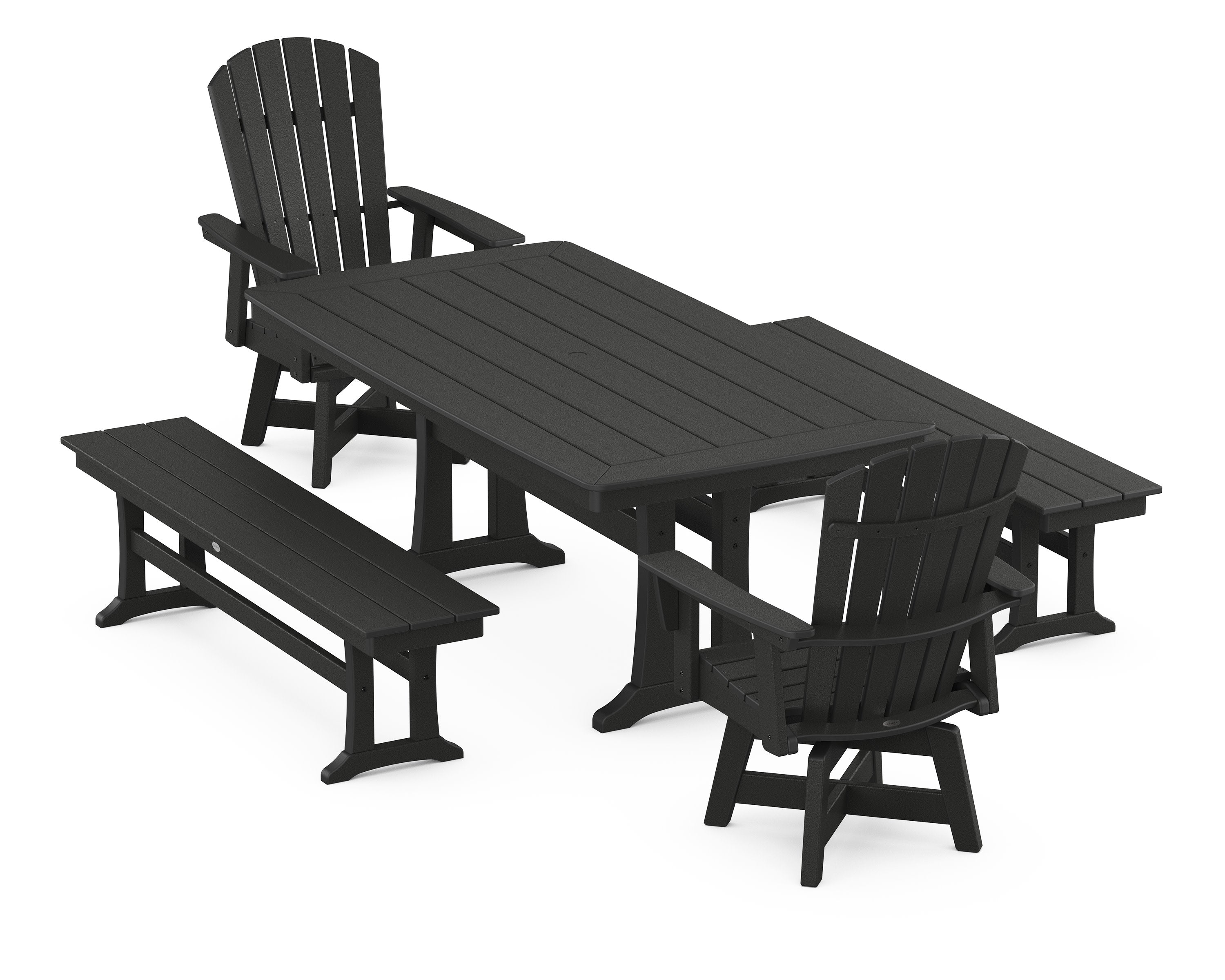 Nautical Curveback Adirondack Swivel Chair 5-Piece Dining Set with Trestle Legs and Benches in Black