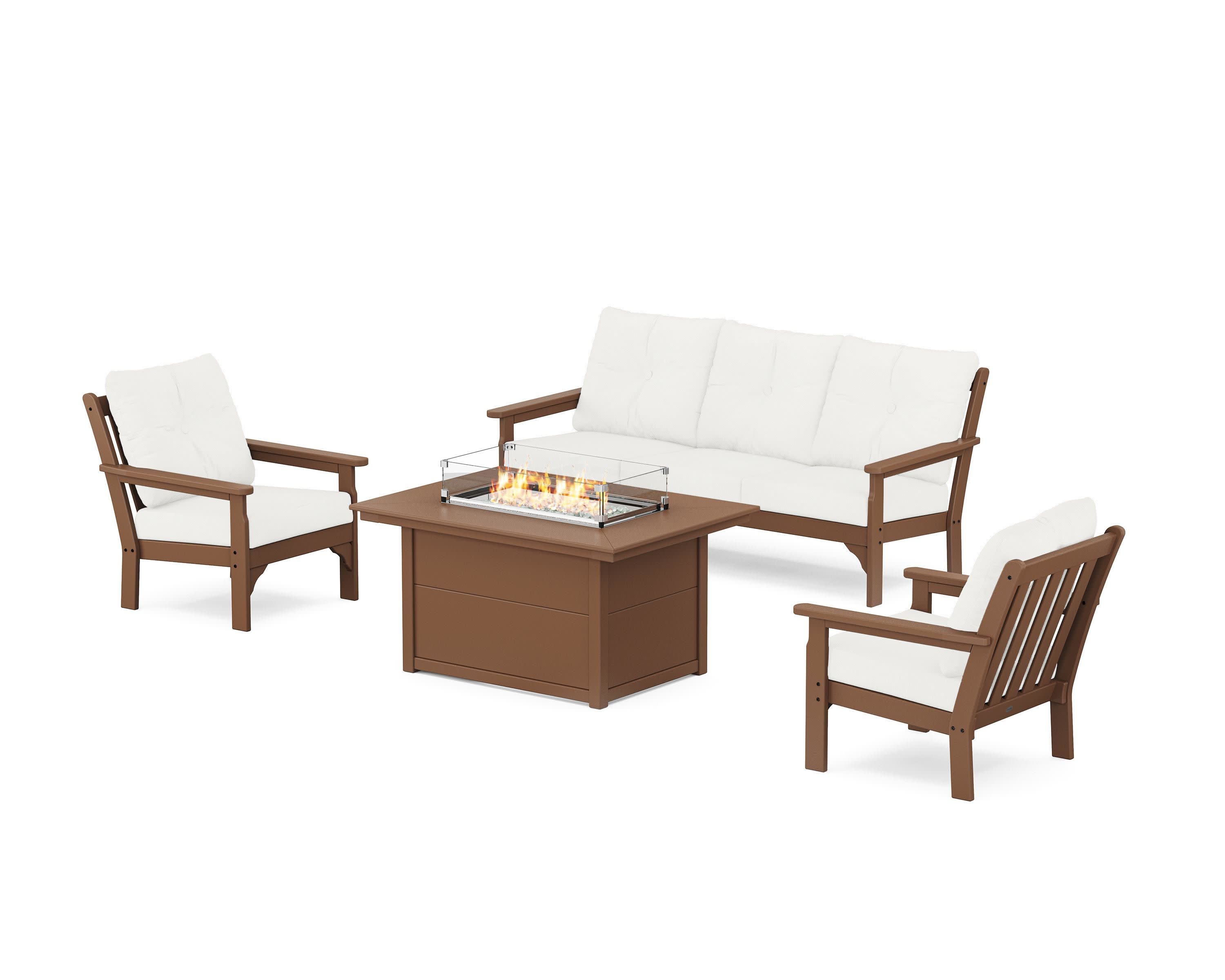 Vineyard Deep Seating Fire Pit Table Set in Teak / Natural Linen