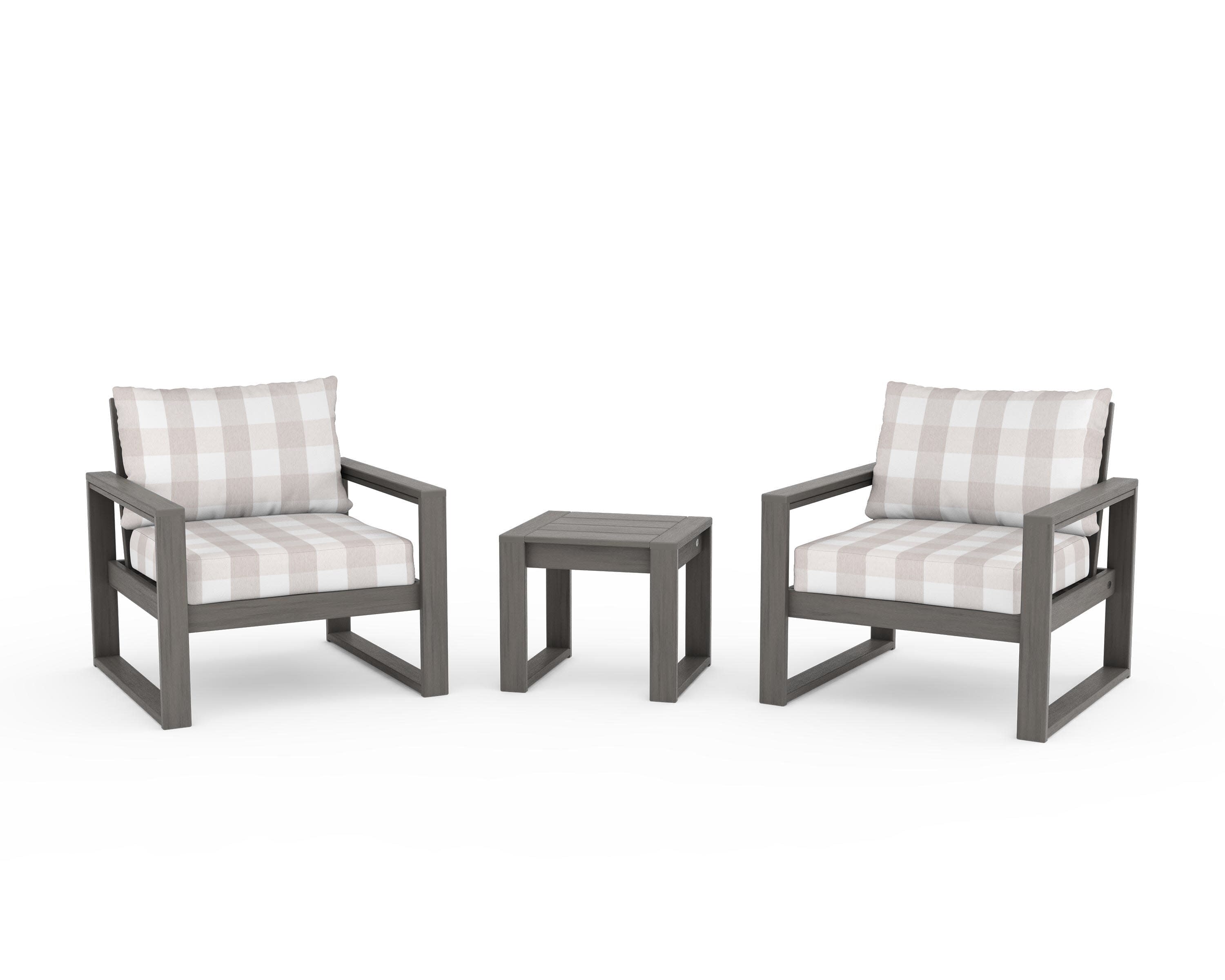 EDGE Sectional 3-Piece Deep Seating Set in Driftwood / Buffalo Plaid Dune Burlap