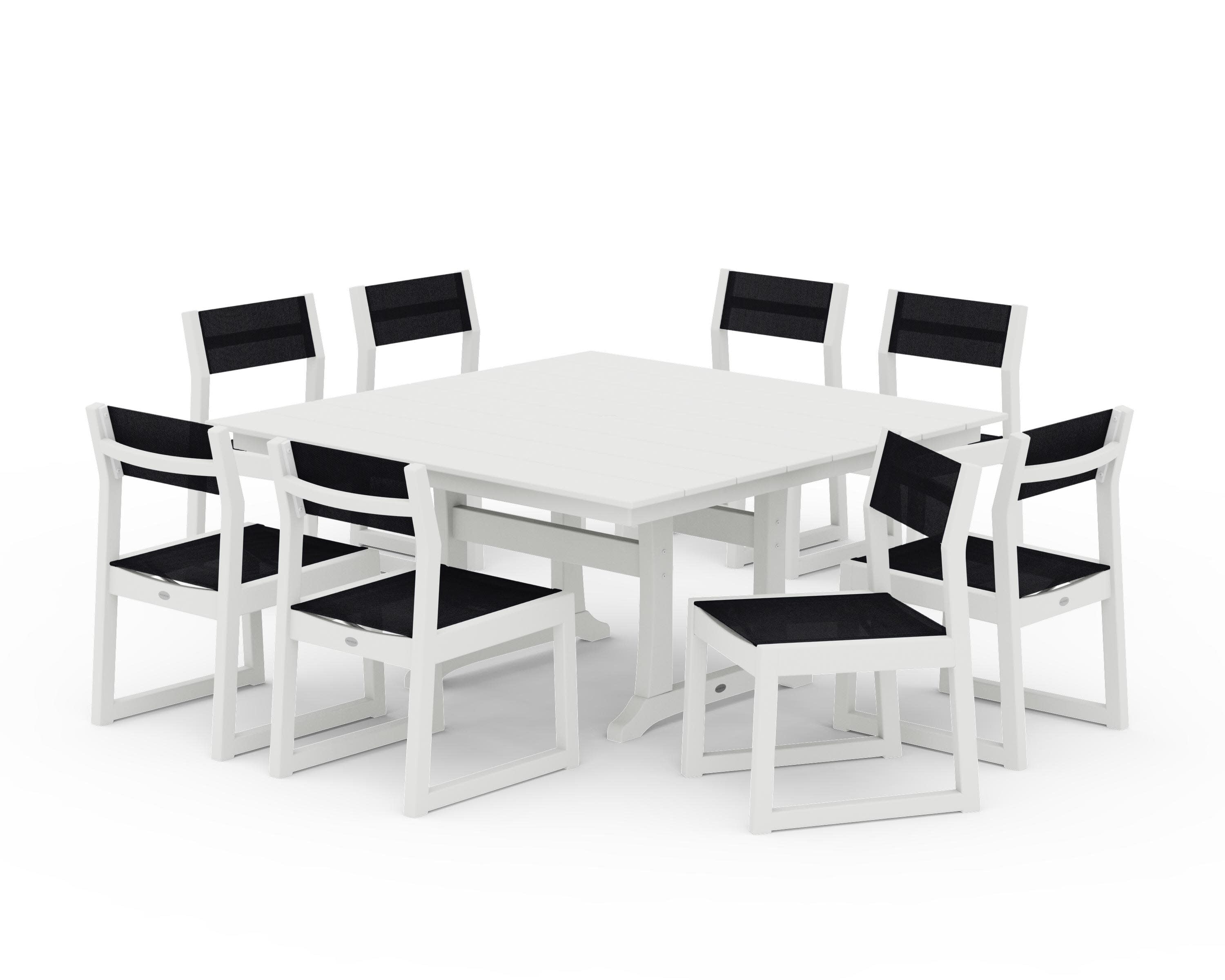 EDGE Sling Side Chair 9-Piece Farmhouse Trestle Dining Set in Vintage White / Black Sling