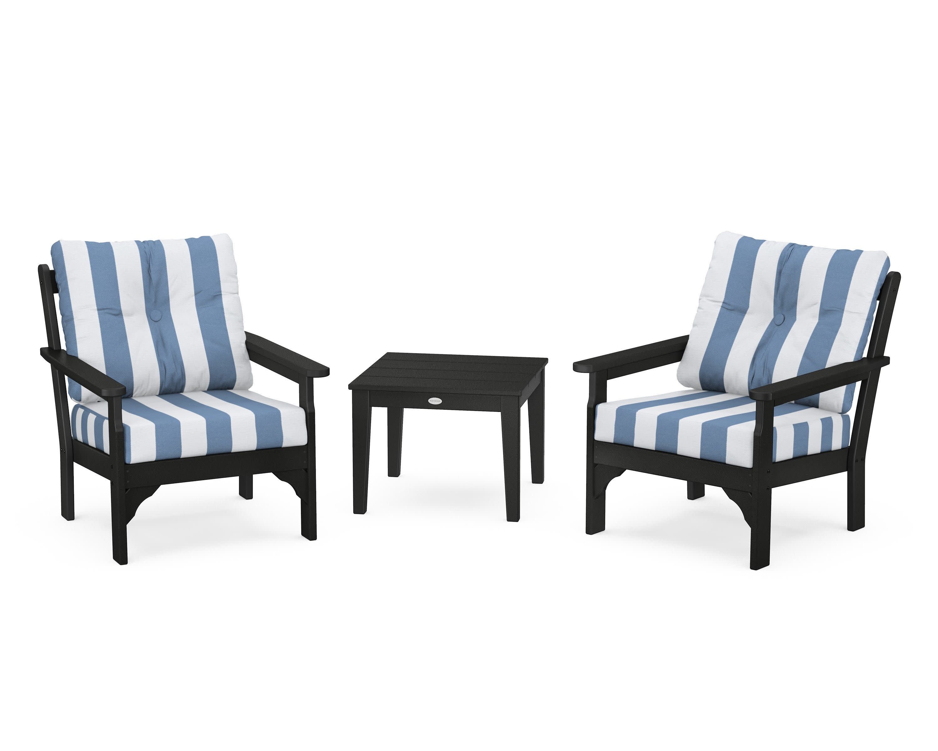 Vineyard 3-Piece Deep Seating Set in Black / Cabana Stripe Sky Blue