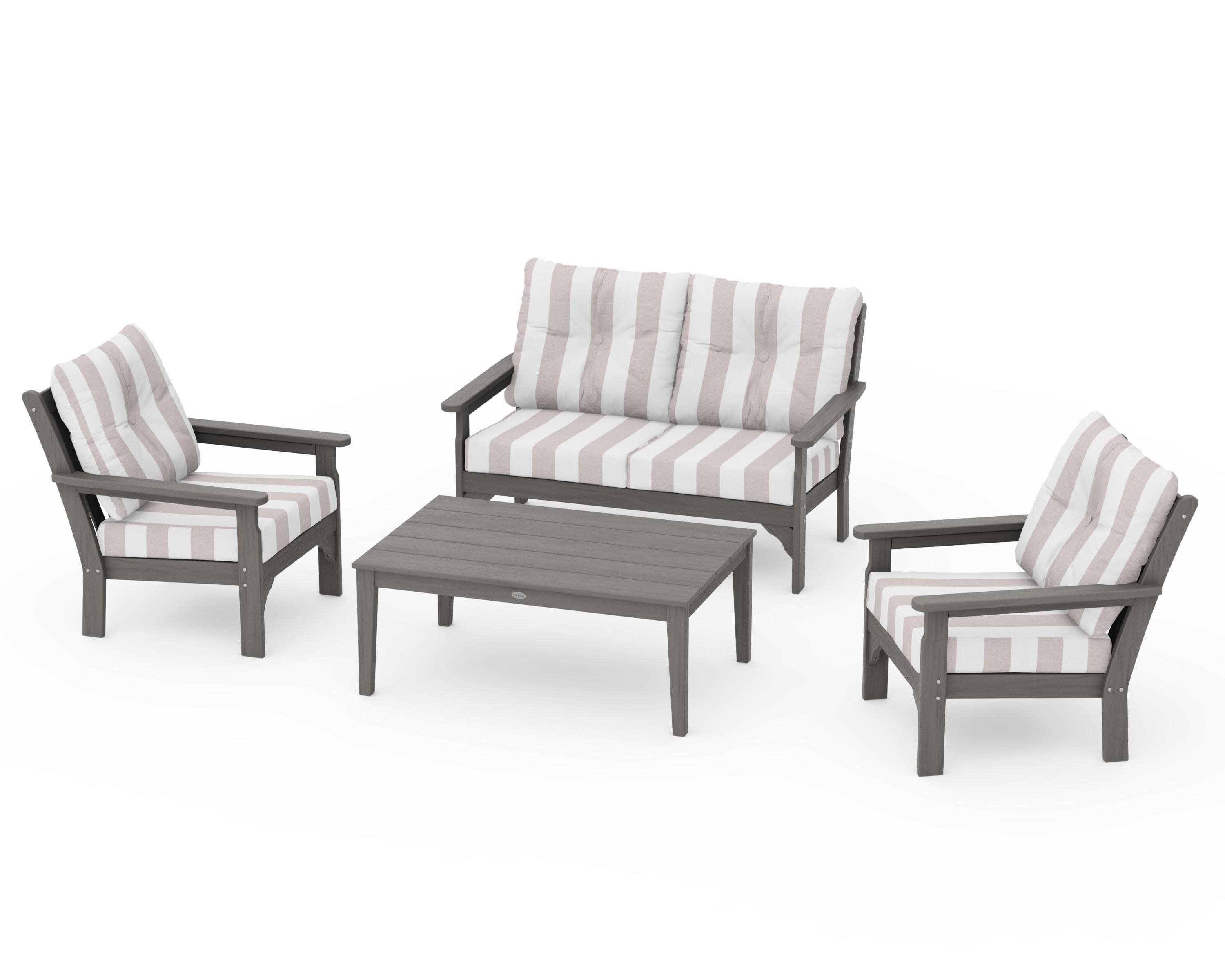 Vineyard 4-Piece Deep Seating Set in Driftwood / Cabana Stripe Dune Burlap