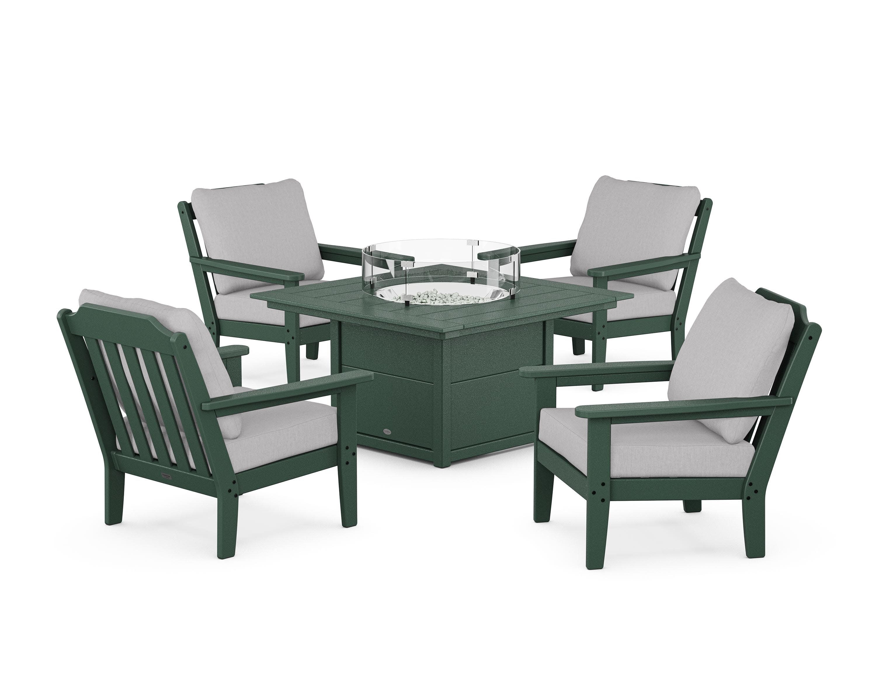 Cottage 5-Piece Deep Seating Set with Fire Pit Table in Green / Granite