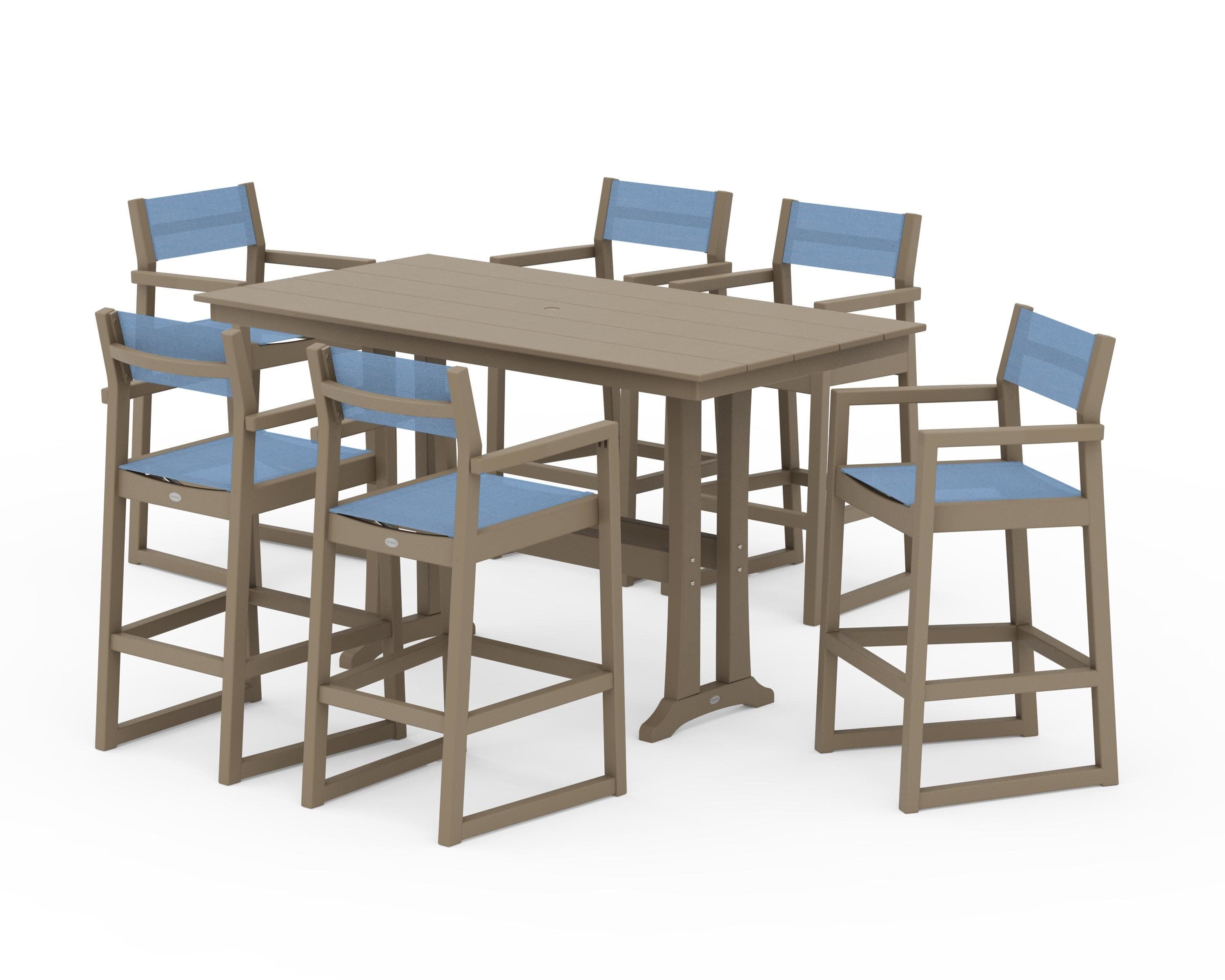 EDGE Sling Arm Chair 7-Piece Farmhouse Bar Set with Trestle Legs in Vintage Sahara / Poolside Sling