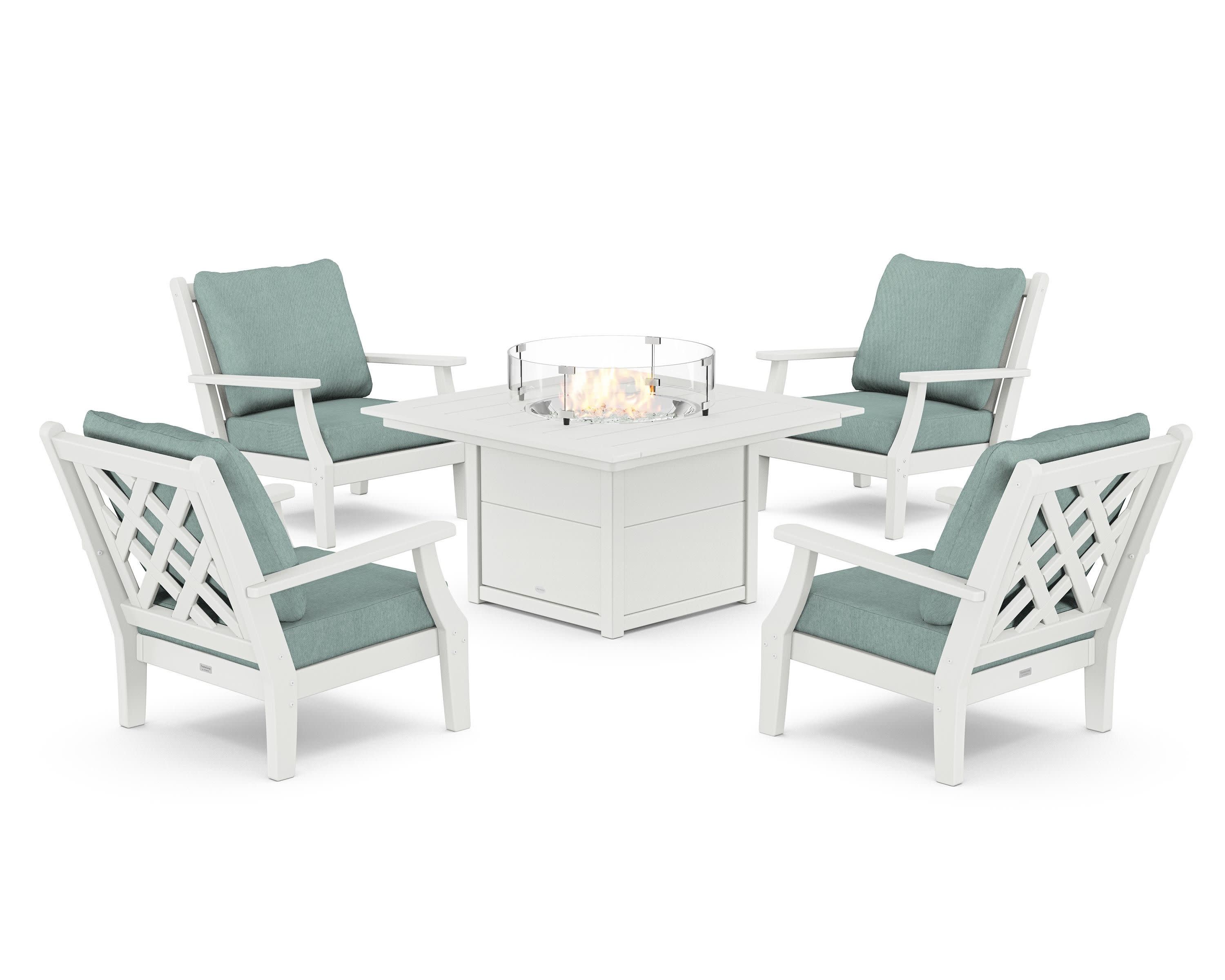 Wovendale 5-Piece Deep Seating Set with Fire Pit Table in White / Glacier Spa