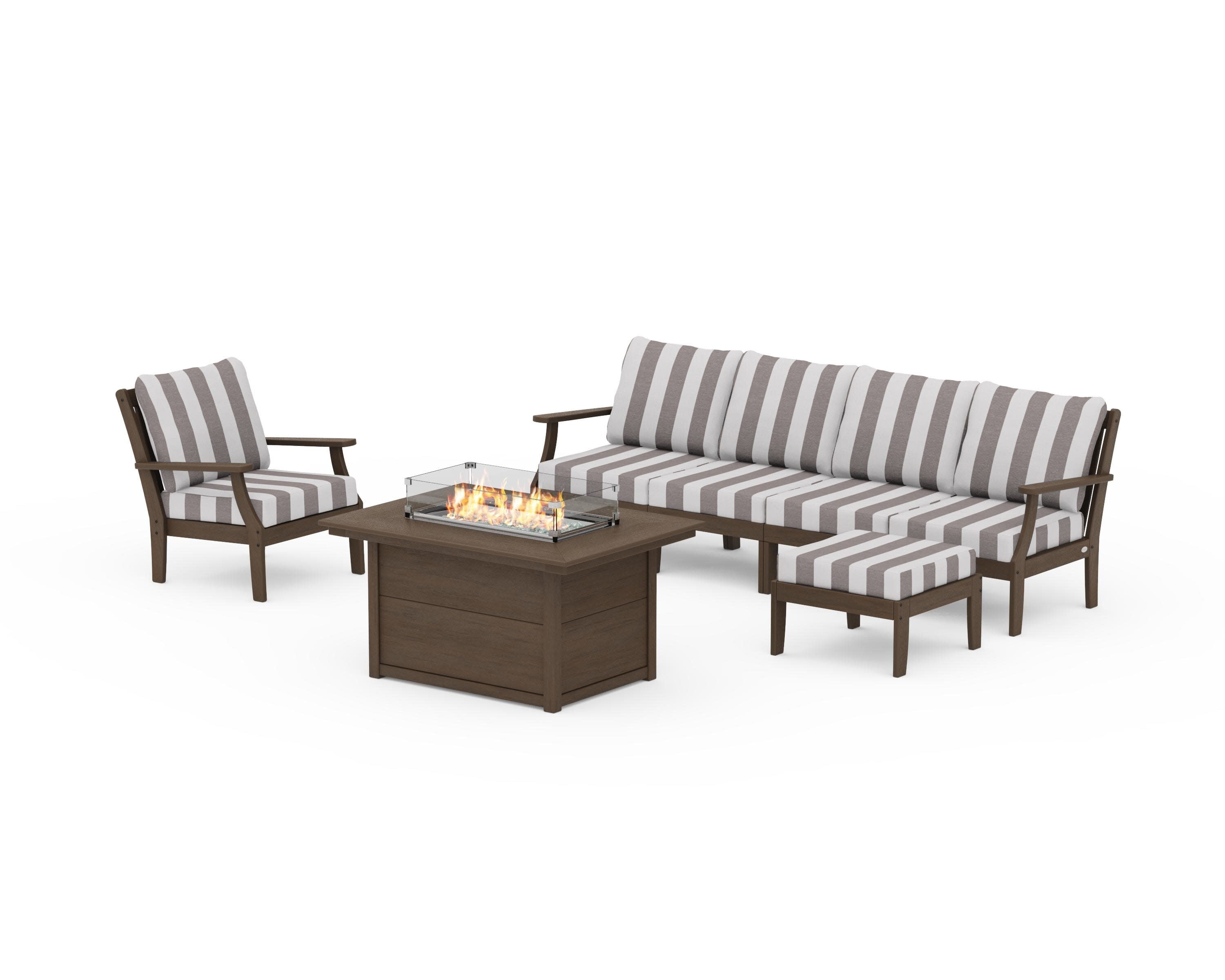Braxton Sectional Lounge and Fire Pit Set in Kona / Cabana Stripe Grey Mist