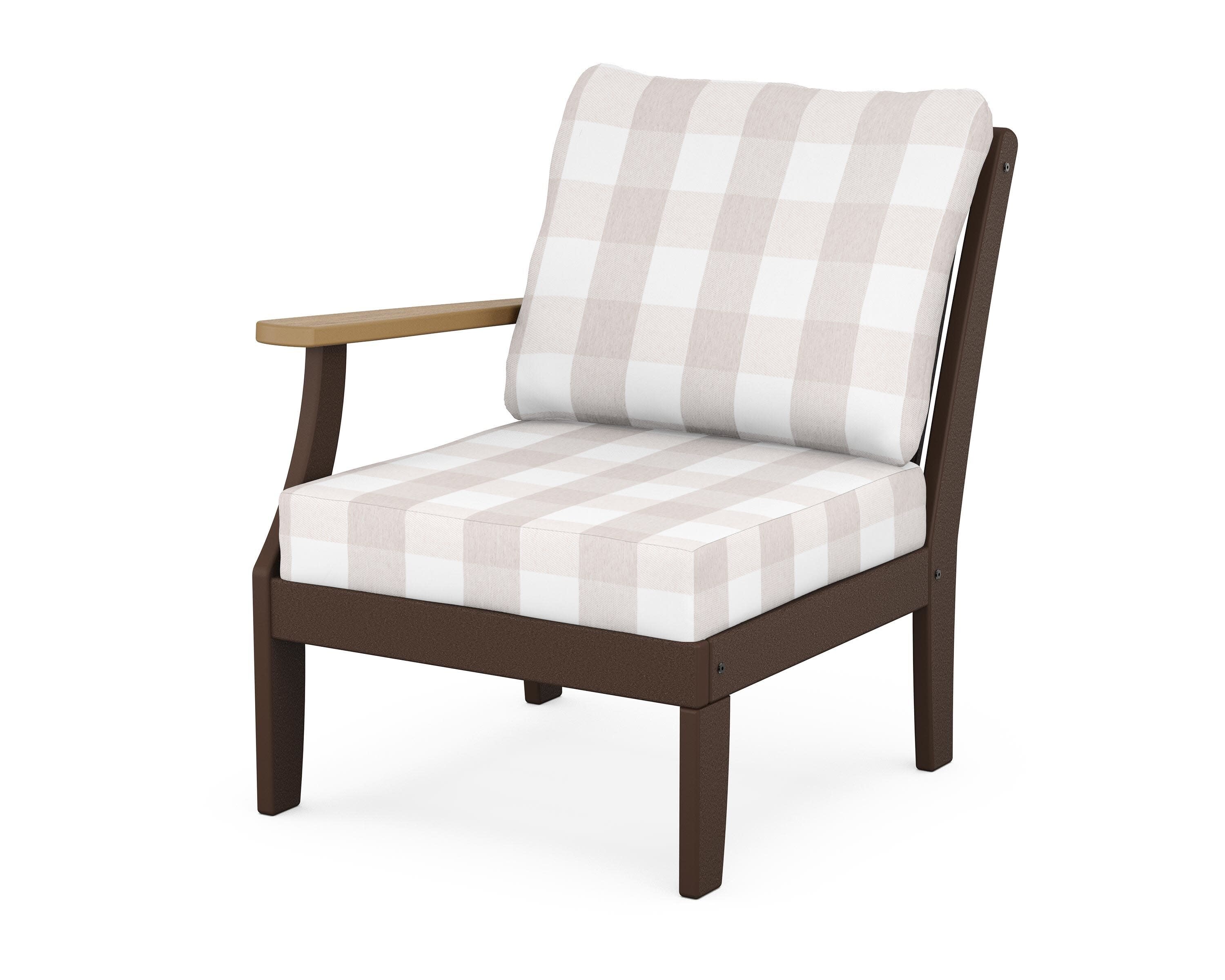 Braxton Modular Left Arm Chair in Mahogany / Natural / Buffalo Plaid Dune Burlap